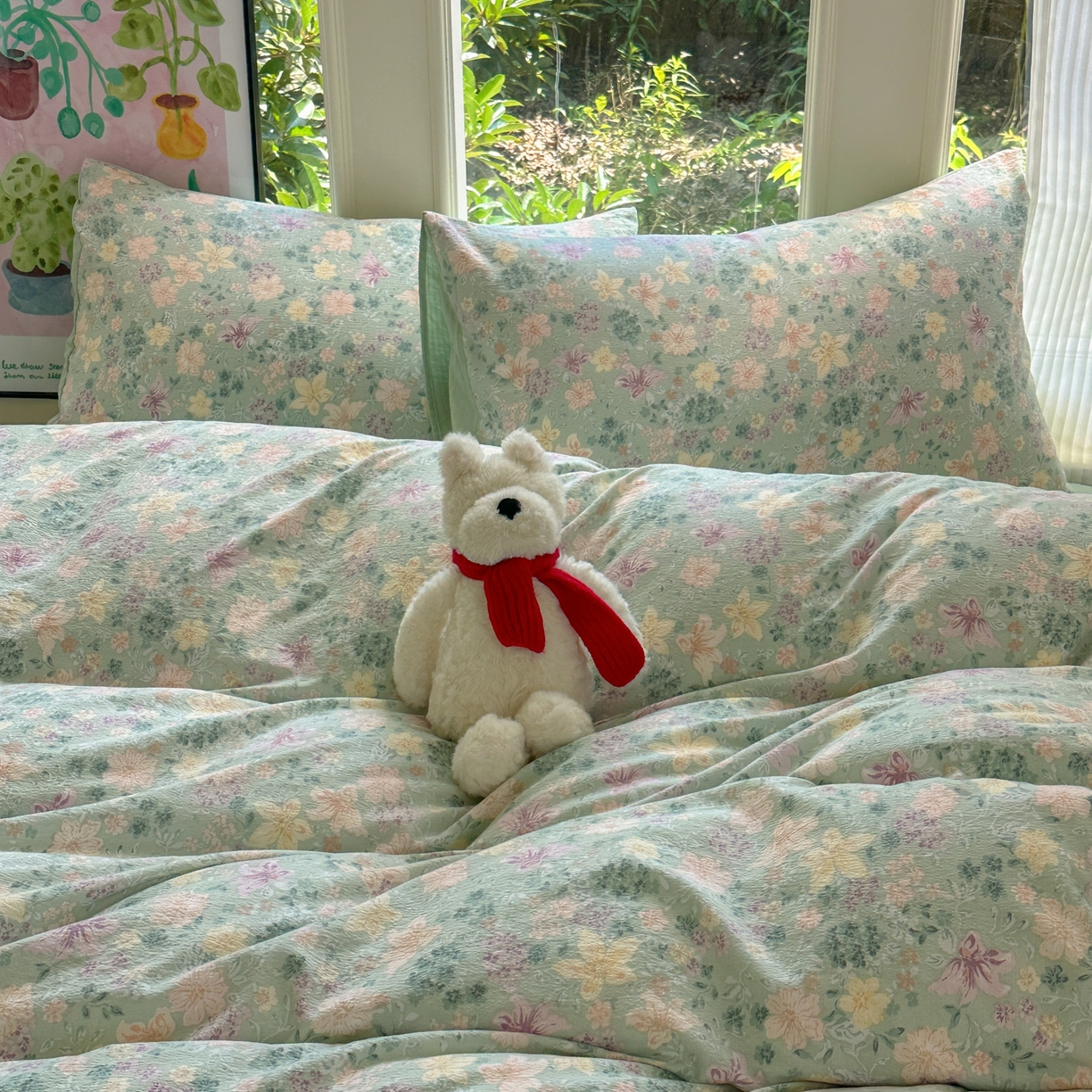 91家纺网 家纺一手货源 找家纺 桔禾家纺 2025新款小清新水洗棉有氧双层纱印花云感木棉皱皱纱四件套 斯兰