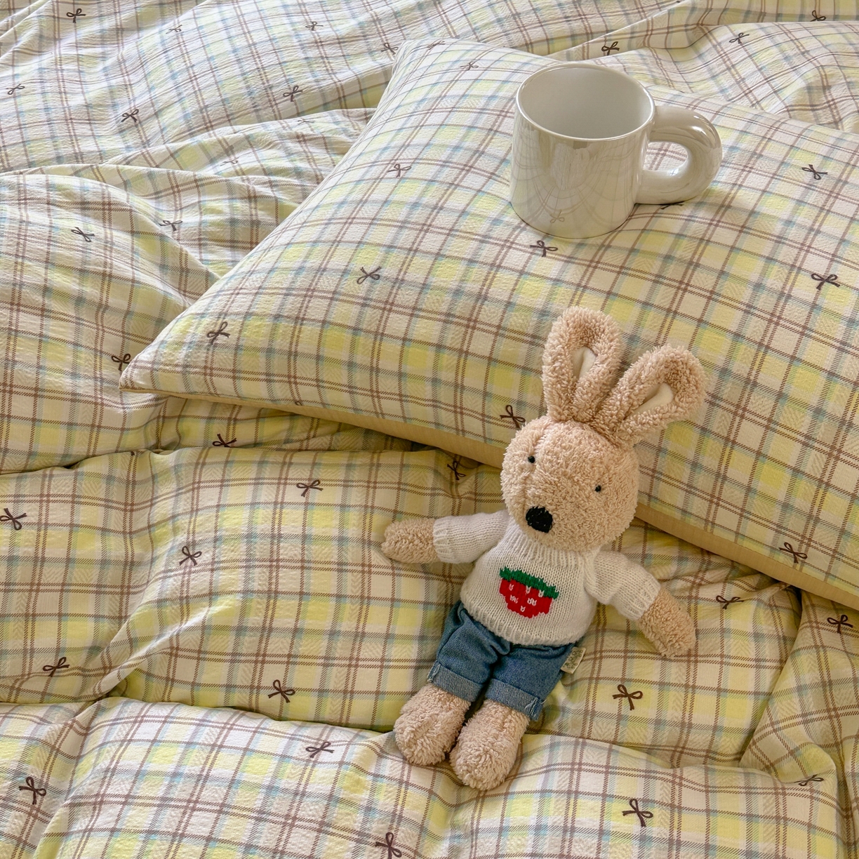 91家纺网 家纺一手货源 找家纺 桔禾家纺 2025新款小清新水洗棉有氧双层纱印花云感木棉皱皱纱四件套 千千结