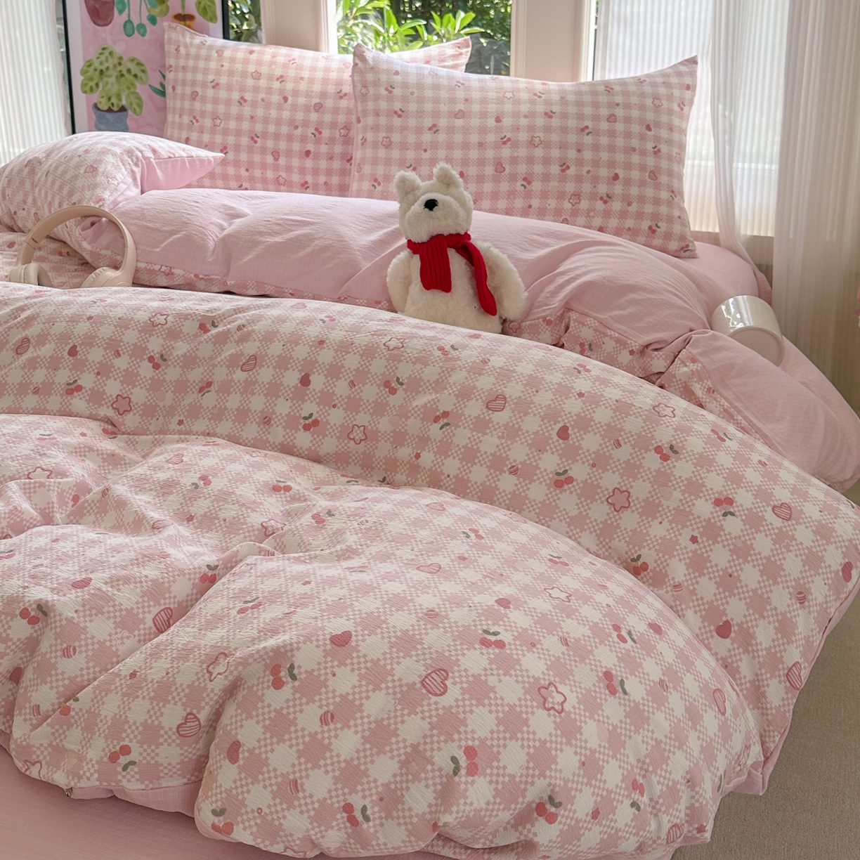 91家纺网 家纺一手货源 找家纺 桔禾家纺 2025新款小清新水洗棉有氧双层纱印花云感木棉皱皱纱四件套 恋爱物语