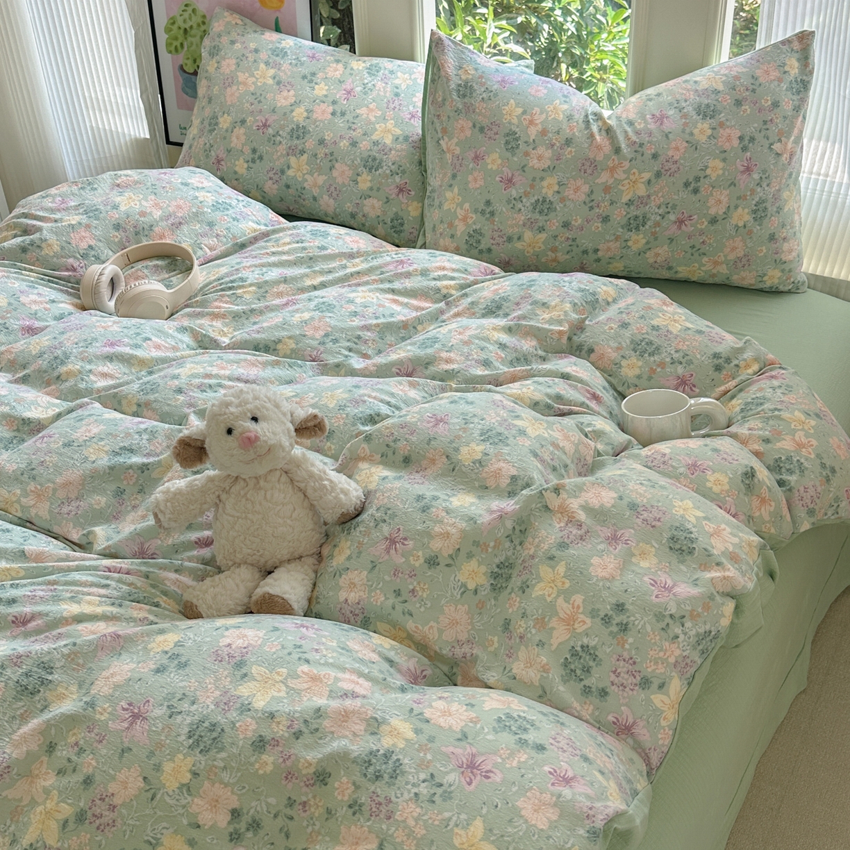 91家纺网 家纺一手货源 找家纺 桔禾家纺 2025新款小清新水洗棉有氧双层纱印花云感木棉皱皱纱四件套 斯兰