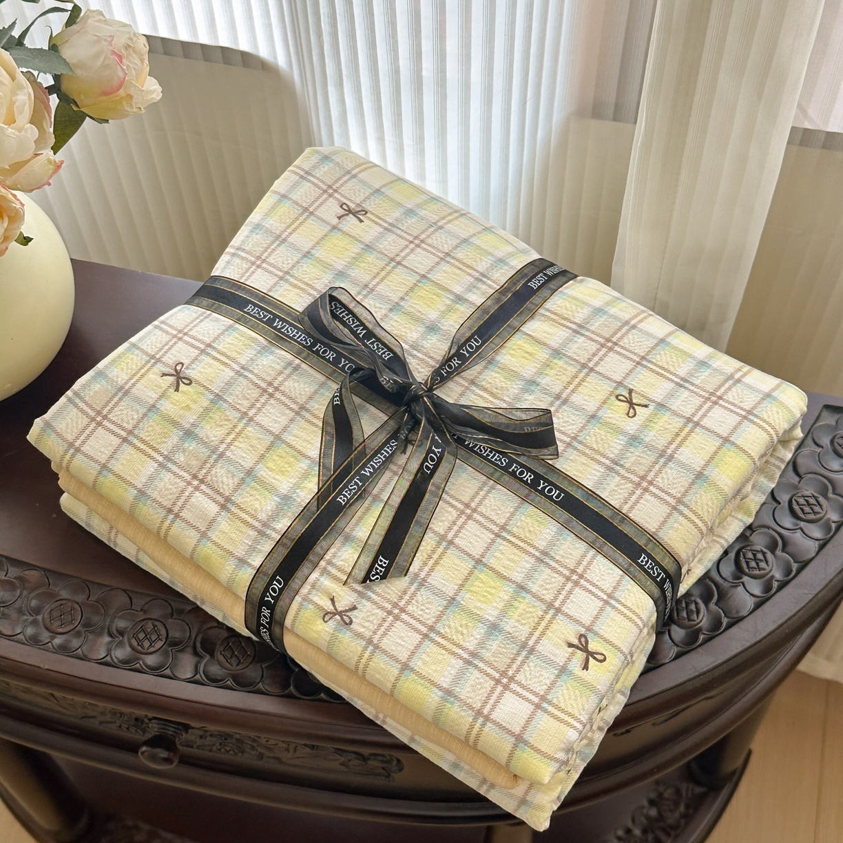 桔禾家纺 2025新款小清新水洗棉有氧双层纱印花云感木棉皱皱纱四件套 千千结