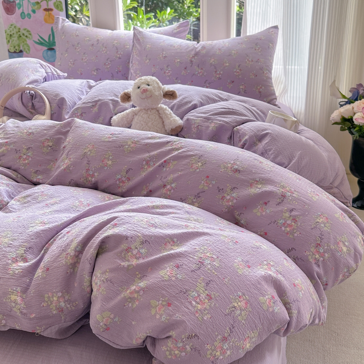 91家纺网 家纺一手货源 找家纺 桔禾家纺 2025新款小清新水洗棉有氧双层纱印花云感木棉皱皱纱四件套 满春庭