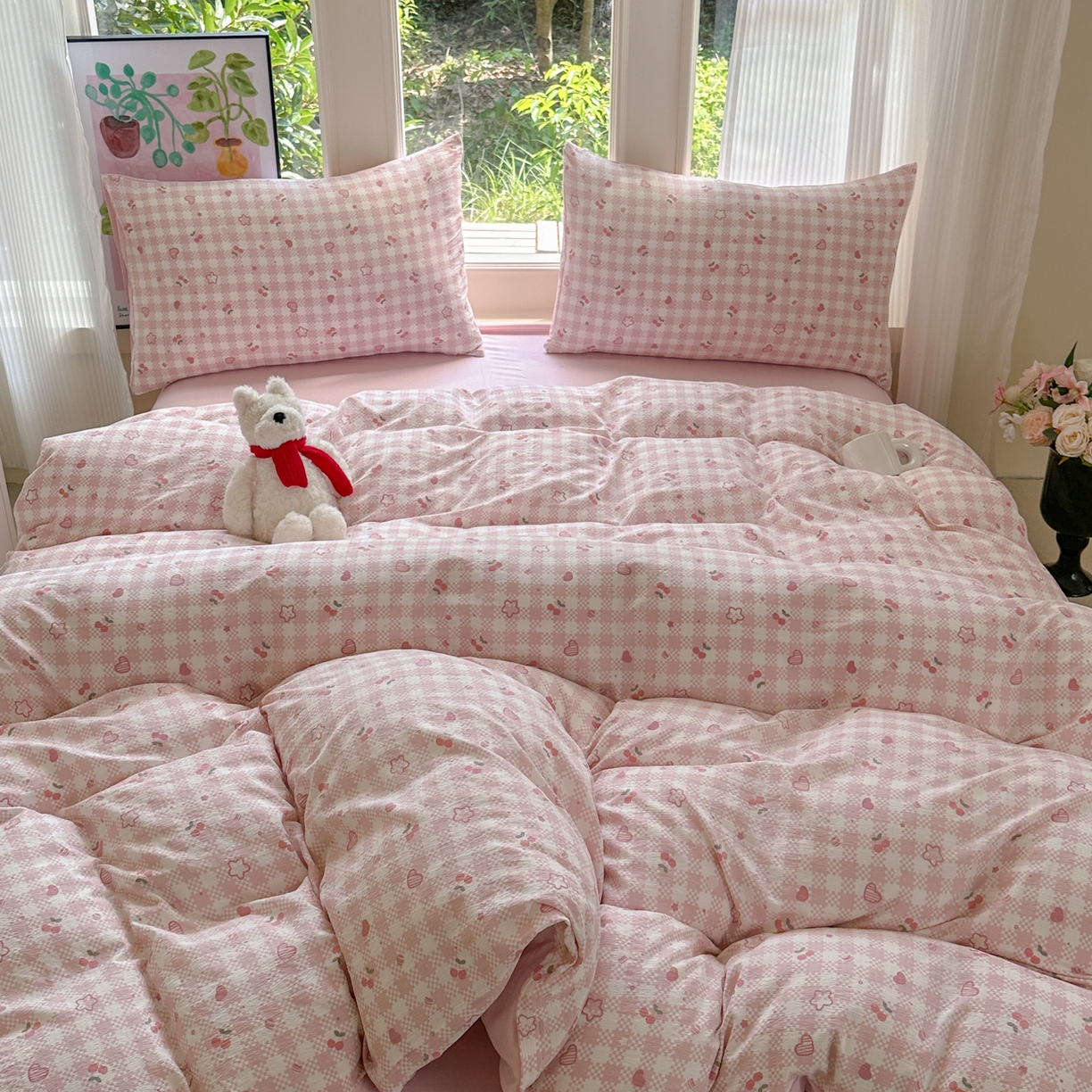 91家纺网 家纺一手货源 找家纺 桔禾家纺 2025新款小清新水洗棉有氧双层纱印花云感木棉皱皱纱四件套 恋爱物语