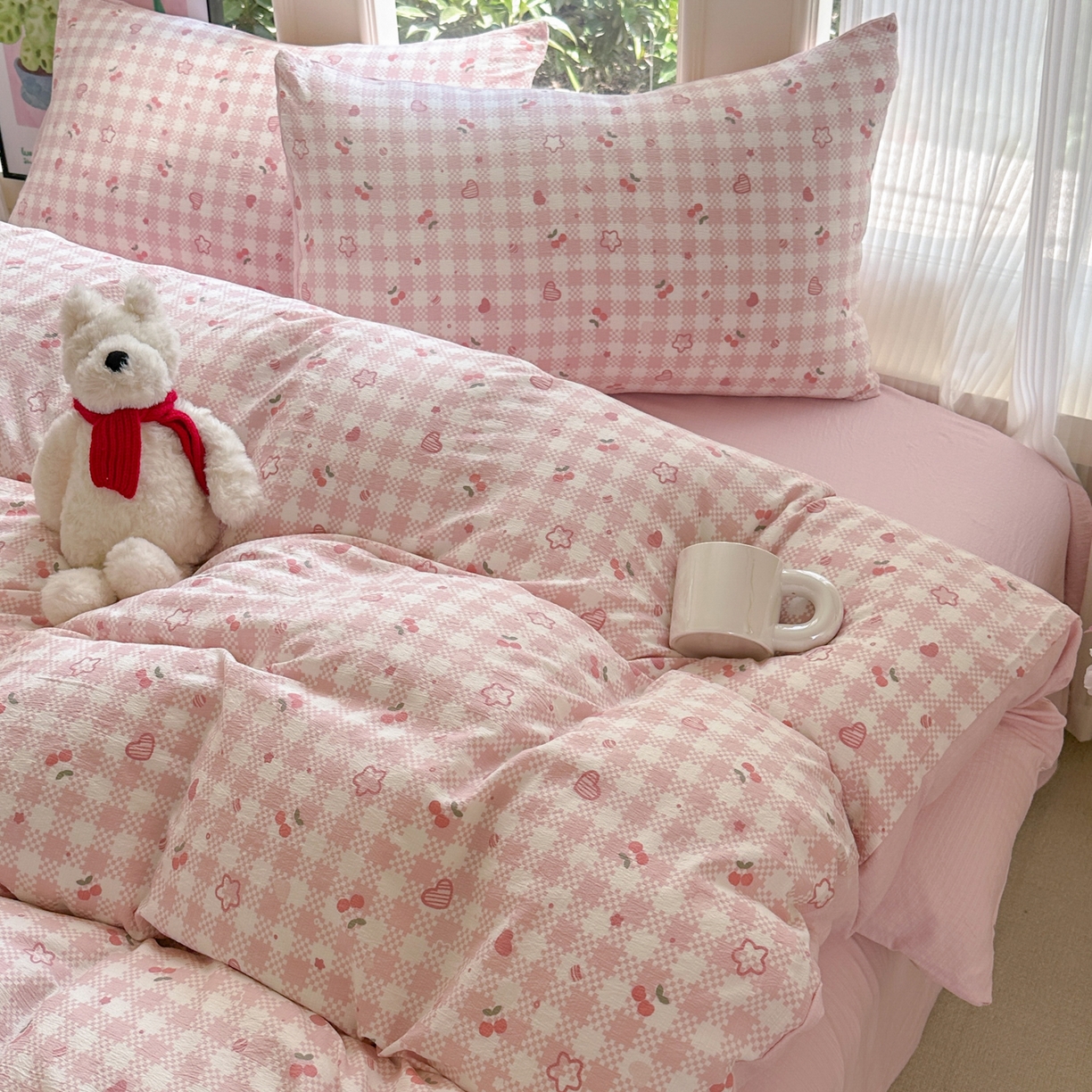 91家纺网 家纺一手货源 找家纺 桔禾家纺 2025新款小清新水洗棉有氧双层纱印花云感木棉皱皱纱四件套 恋爱物语