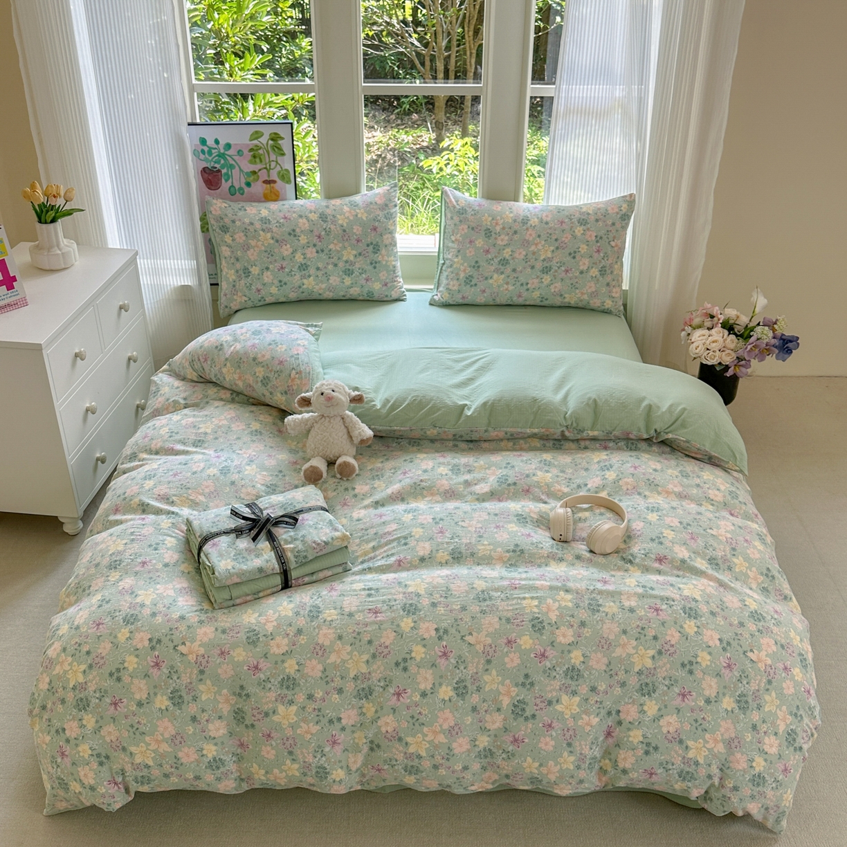 91家纺网 家纺一手货源 找家纺 桔禾家纺 2025新款小清新水洗棉有氧双层纱印花云感木棉皱皱纱四件套 斯兰