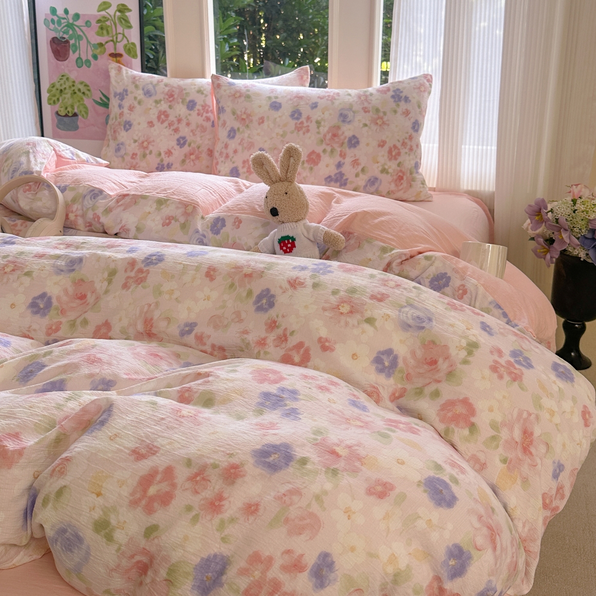 91家纺网 家纺一手货源 找家纺 （总）桔禾家纺 2025新款小清新水洗棉有氧双层纱印花云感木棉皱皱纱四件套