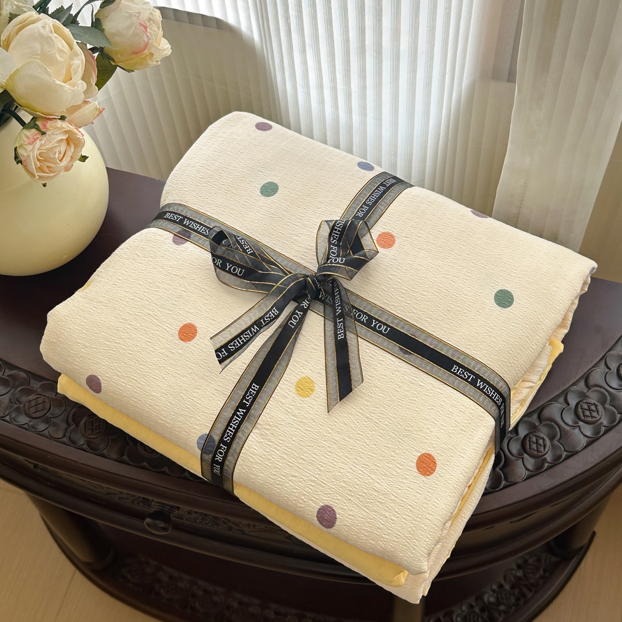 91家纺网 家纺一手货源 找家纺 （总）桔禾家纺 2025新款小清新水洗棉有氧双层纱印花云感木棉皱皱纱四件套