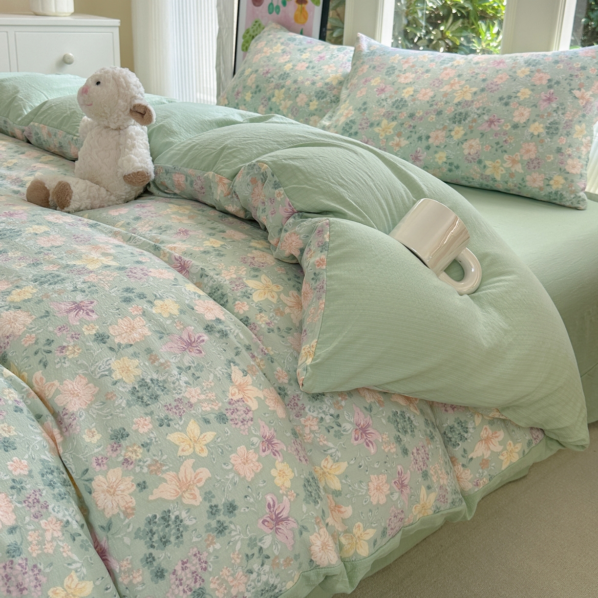 91家纺网 家纺一手货源 找家纺 桔禾家纺 2025新款小清新水洗棉有氧双层纱印花云感木棉皱皱纱四件套 斯兰