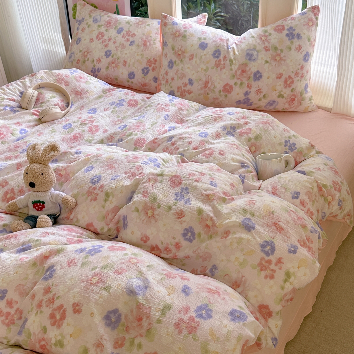 91家纺网 家纺一手货源 找家纺 （总）桔禾家纺 2025新款小清新水洗棉有氧双层纱印花云感木棉皱皱纱四件套