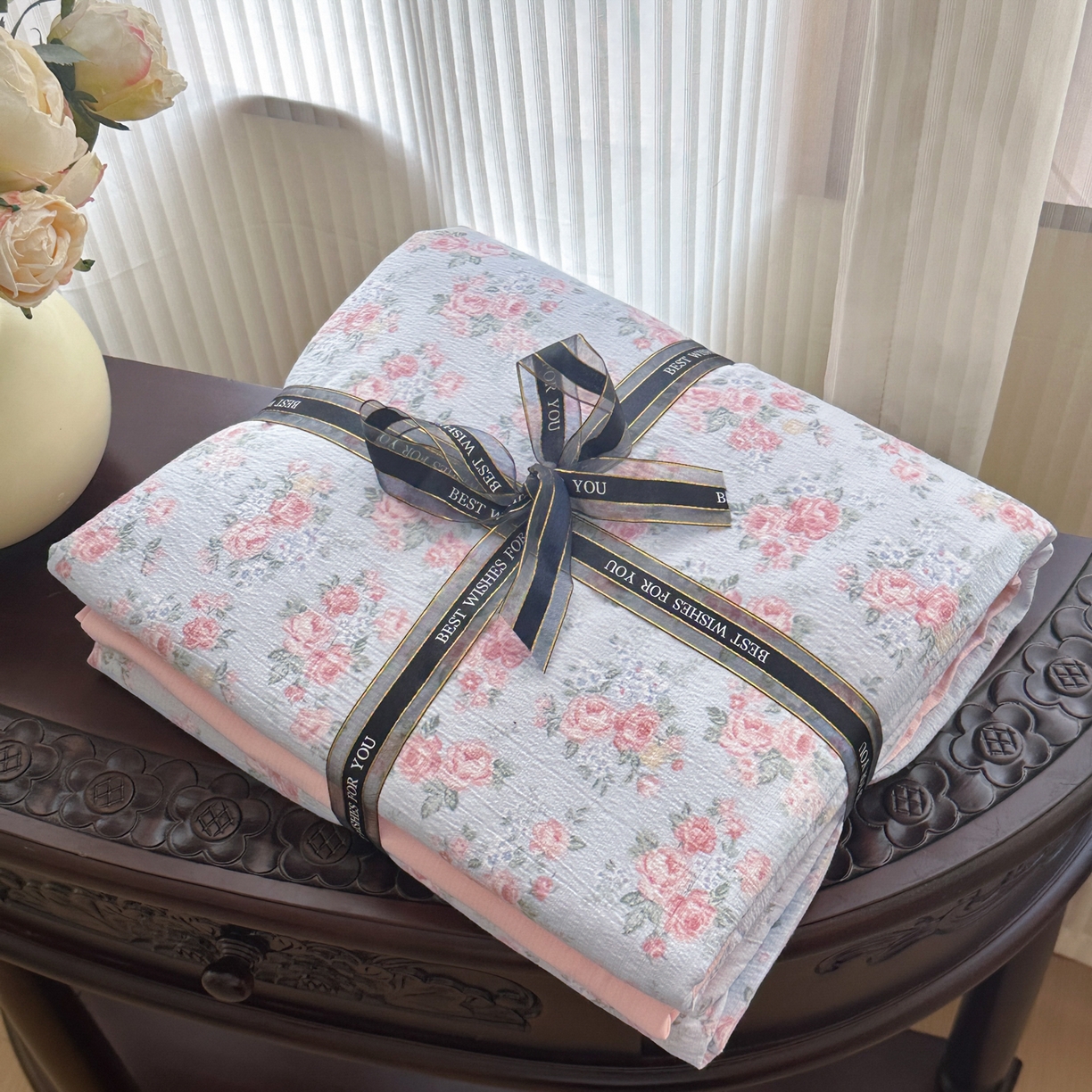 桔禾家纺 2025新款小清新水洗棉有氧双层纱印花云感木棉皱皱纱四件套 玫瑰心语