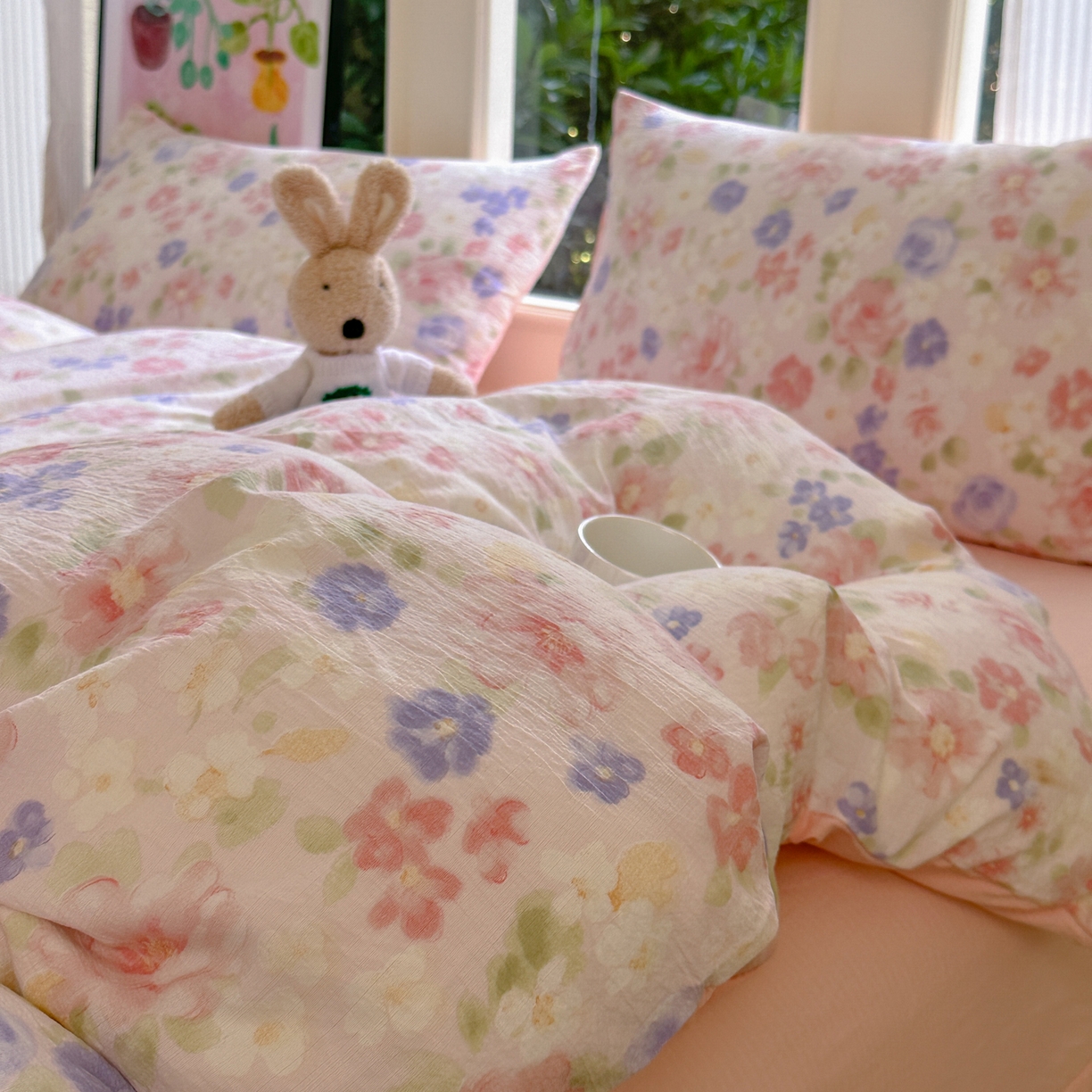 91家纺网 家纺一手货源 找家纺 （总）桔禾家纺 2025新款小清新水洗棉有氧双层纱印花云感木棉皱皱纱四件套