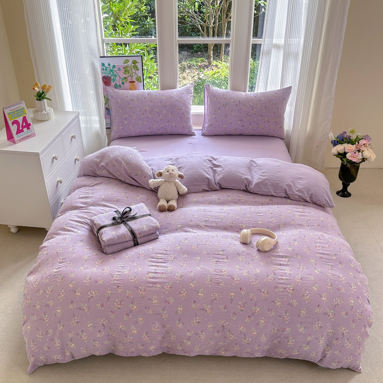 91家纺网 家纺一手货源 找家纺 桔禾家纺 2025新款小清新水洗棉有氧双层纱印花云感木棉皱皱纱四件套 满春庭