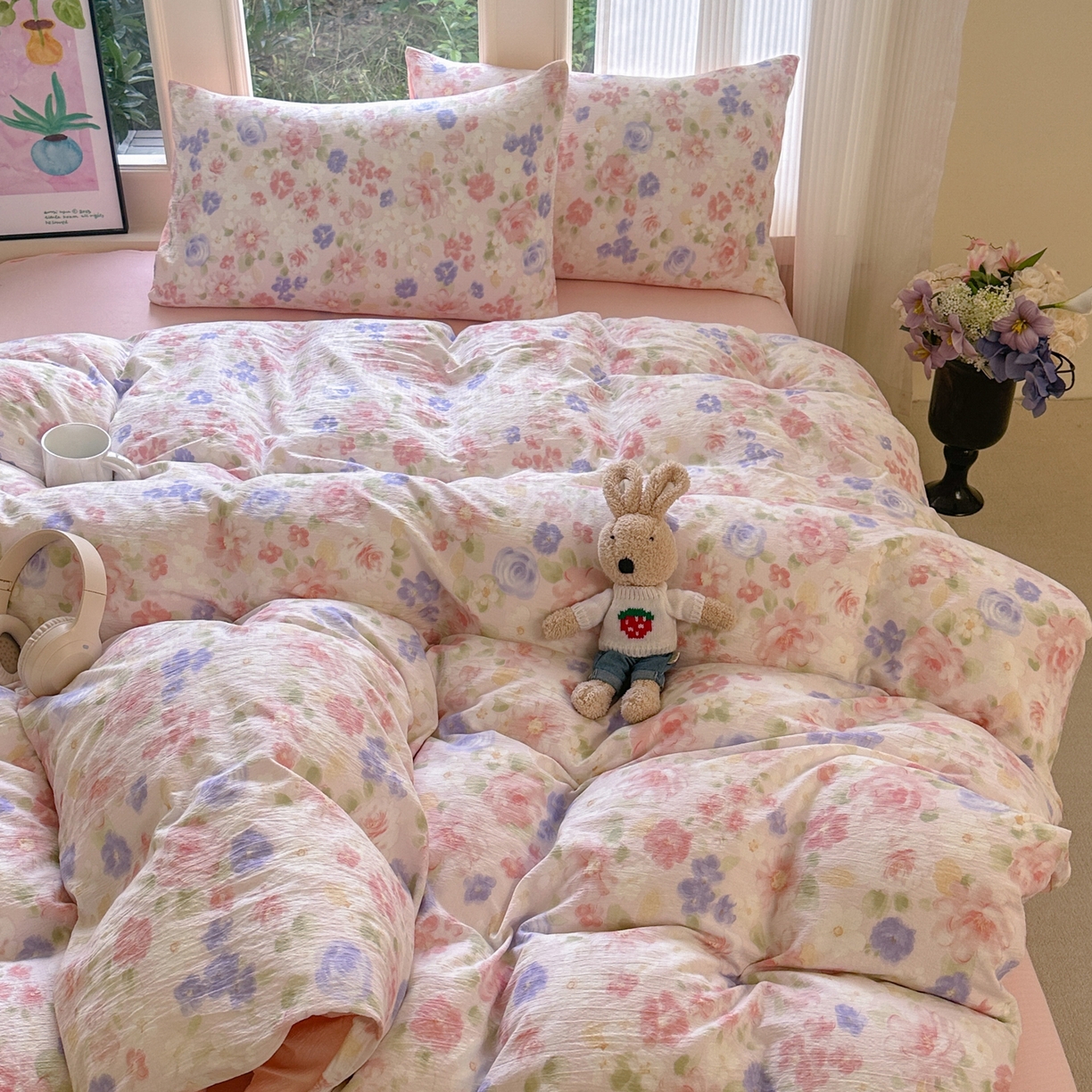 91家纺网 家纺一手货源 找家纺 （总）桔禾家纺 2025新款小清新水洗棉有氧双层纱印花云感木棉皱皱纱四件套