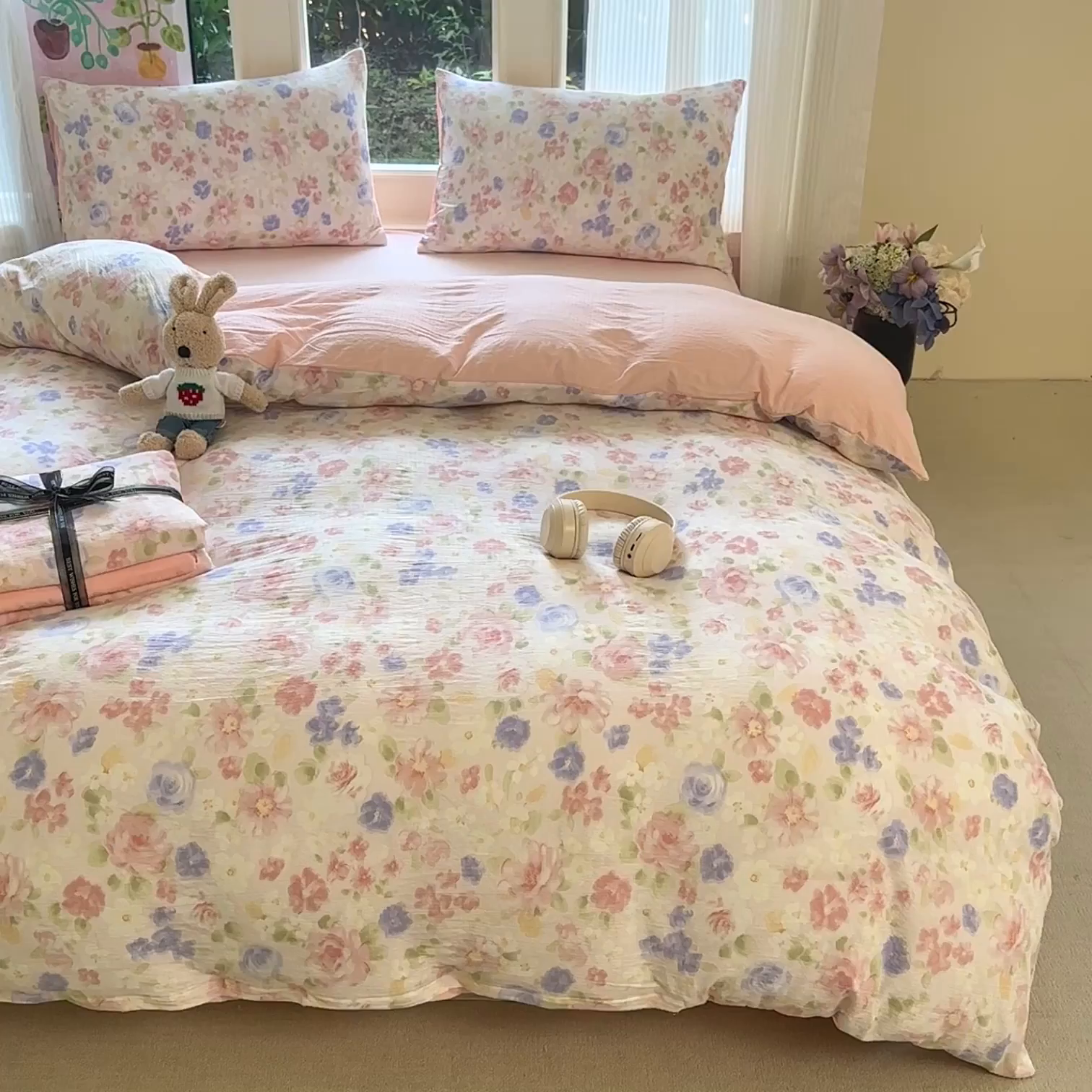 91家纺网 家纺一手货源 找家纺 （总）桔禾家纺 2025新款小清新水洗棉有氧双层纱印花云感木棉皱皱纱四件套