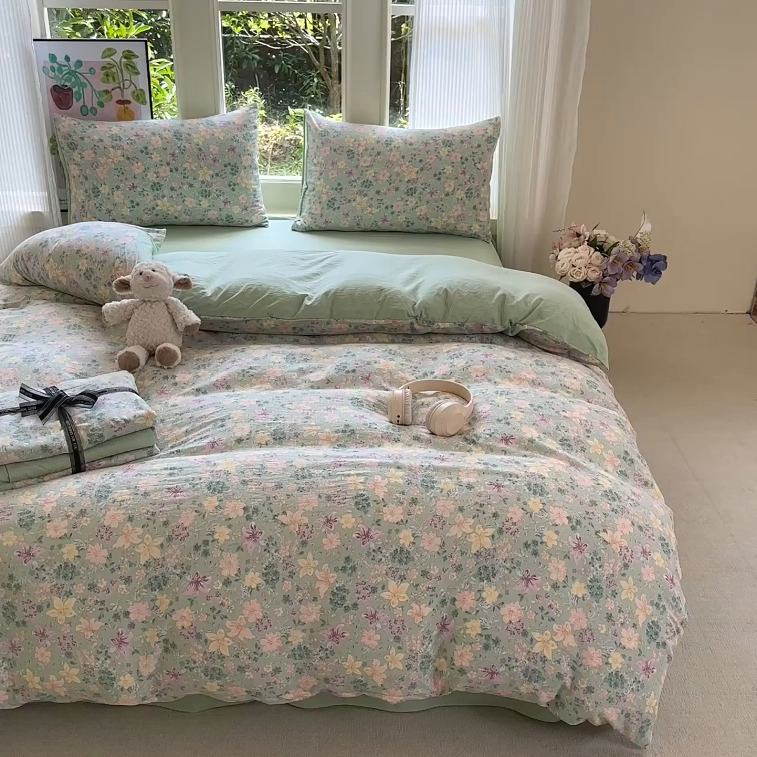 91家纺网 家纺一手货源 找家纺 桔禾家纺 2025新款小清新水洗棉有氧双层纱印花云感木棉皱皱纱四件套 斯兰