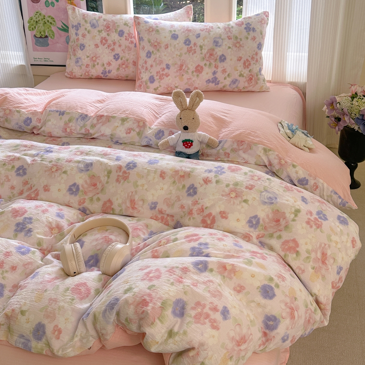 91家纺网 家纺一手货源 找家纺 （总）桔禾家纺 2025新款小清新水洗棉有氧双层纱印花云感木棉皱皱纱四件套