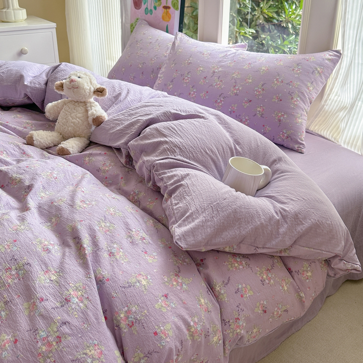 91家纺网 家纺一手货源 找家纺 桔禾家纺 2025新款小清新水洗棉有氧双层纱印花云感木棉皱皱纱四件套 满春庭