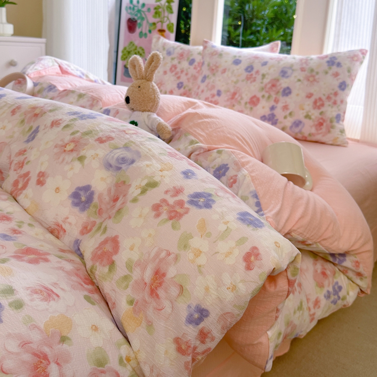 91家纺网 家纺一手货源 找家纺 （总）桔禾家纺 2025新款小清新水洗棉有氧双层纱印花云感木棉皱皱纱四件套