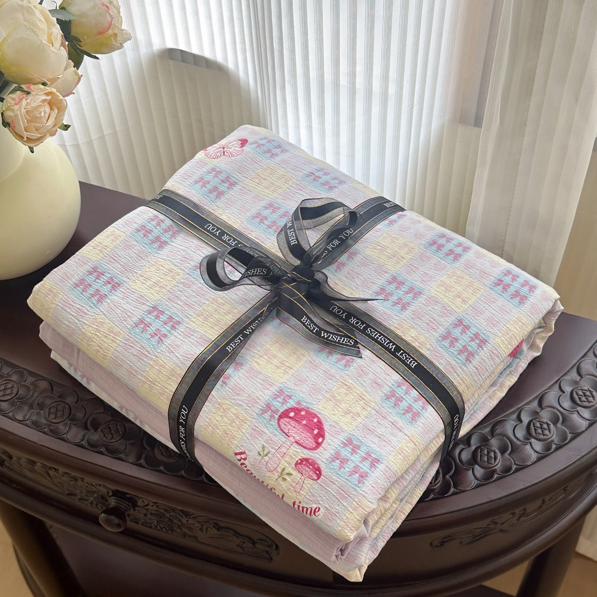 桔禾家纺 2025新款小清新水洗棉有氧双层纱印花云感木棉皱皱纱四件套 樱桃紫