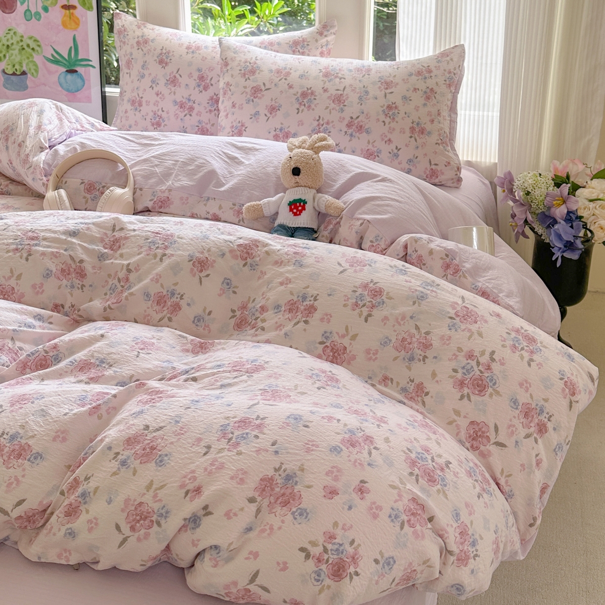 91家纺网 家纺一手货源 找家纺 桔禾家纺 2025新款小清新水洗棉有氧双层纱印花云感木棉皱皱纱四件套 芳华