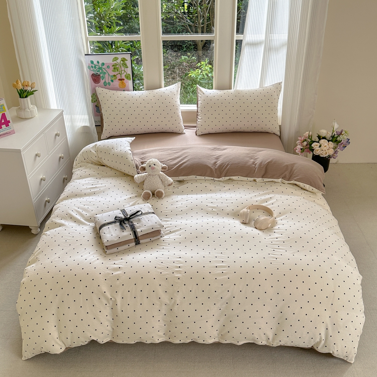 91家纺网 家纺一手货源 找家纺 桔禾家纺 2025新款小清新水洗棉有氧双层纱印花云感木棉皱皱纱四件套 小确幸