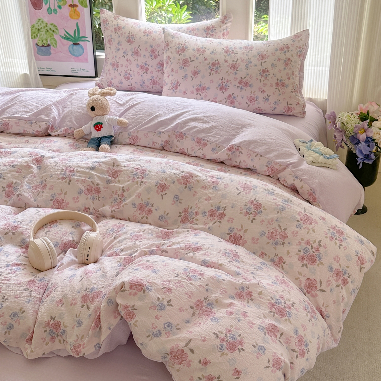 91家纺网 家纺一手货源 找家纺 桔禾家纺 2025新款小清新水洗棉有氧双层纱印花云感木棉皱皱纱四件套 芳华