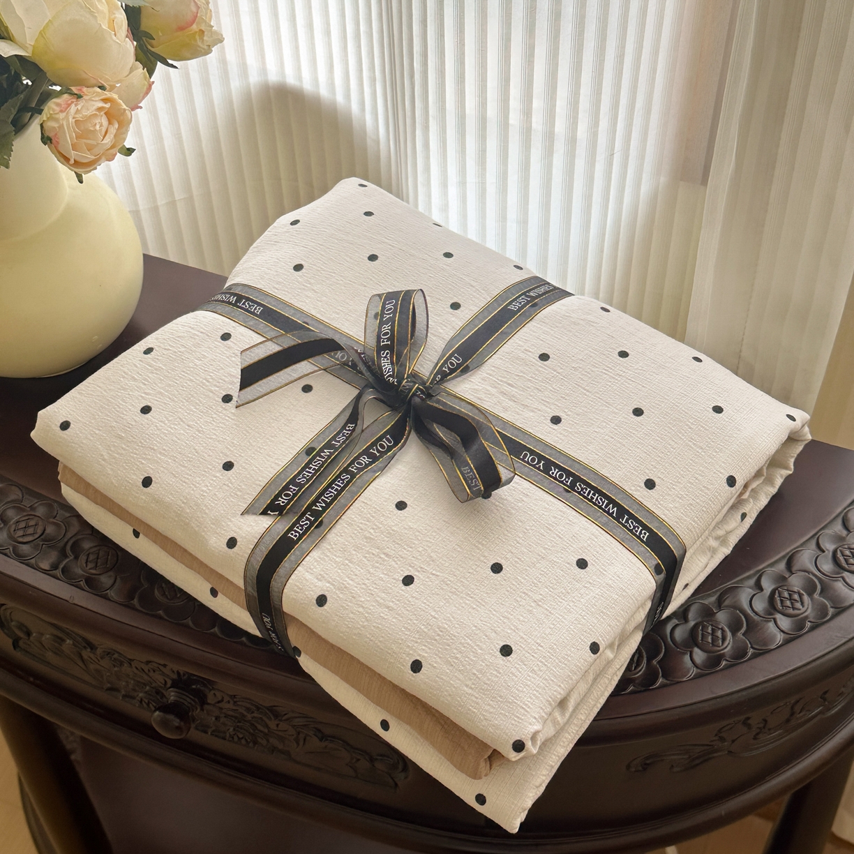 桔禾家纺 2025新款小清新水洗棉有氧双层纱印花云感木棉皱皱纱四件套 小确幸