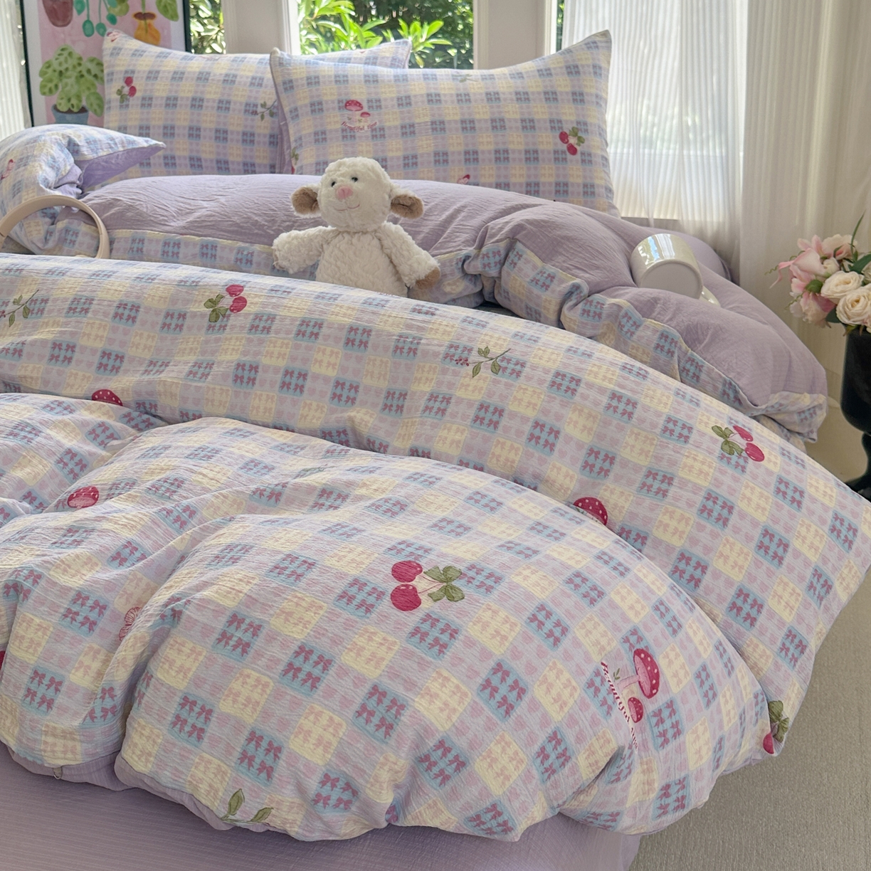 91家纺网 家纺一手货源 找家纺 桔禾家纺 2025新款小清新水洗棉有氧双层纱印花云感木棉皱皱纱四件套 樱桃紫