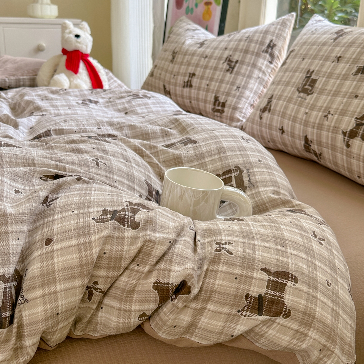 91家纺网 家纺一手货源 找家纺 桔禾家纺 2025新款小清新水洗棉有氧双层纱印花云感木棉皱皱纱四件套 巧克力饼干