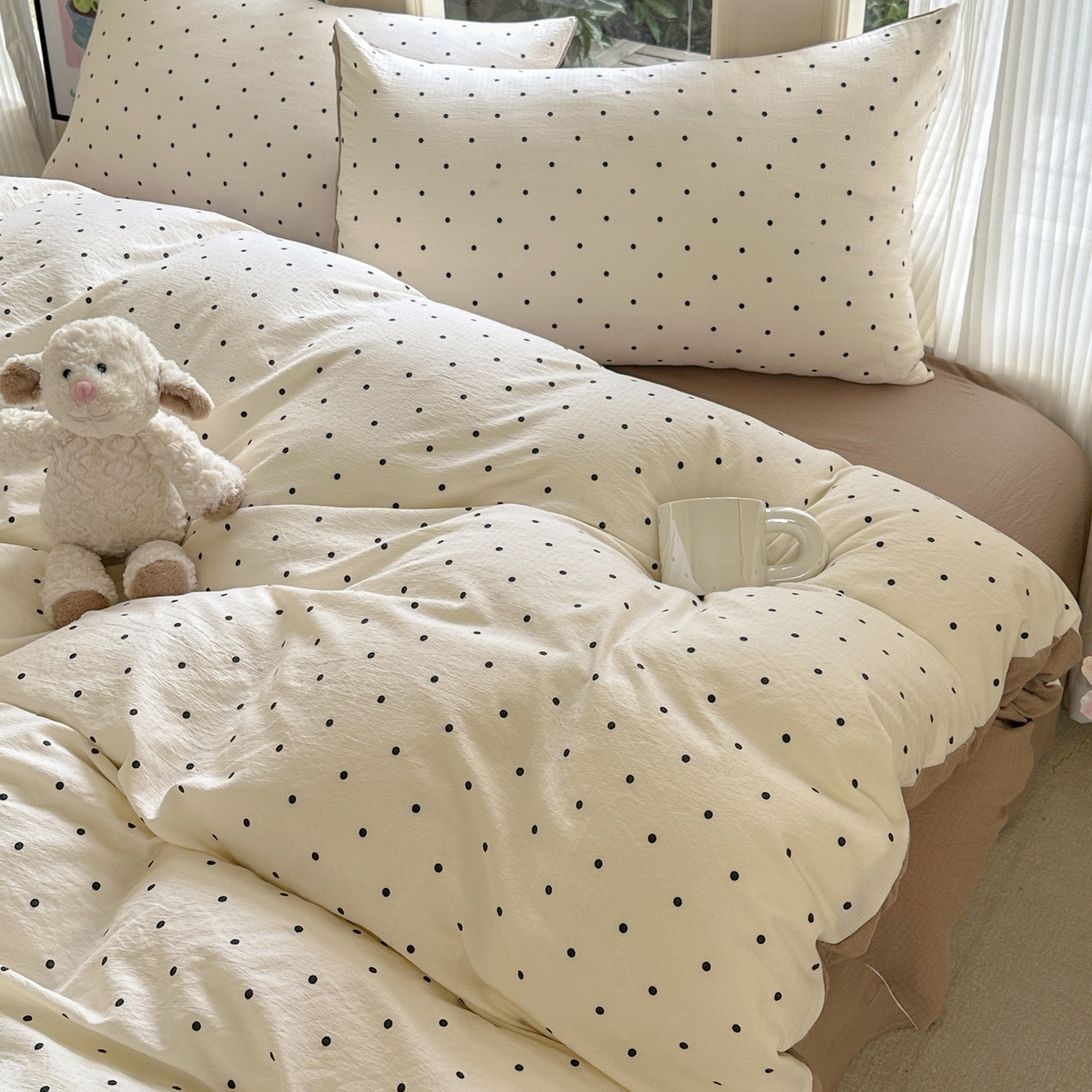 91家纺网 家纺一手货源 找家纺 桔禾家纺 2025新款小清新水洗棉有氧双层纱印花云感木棉皱皱纱四件套 小确幸