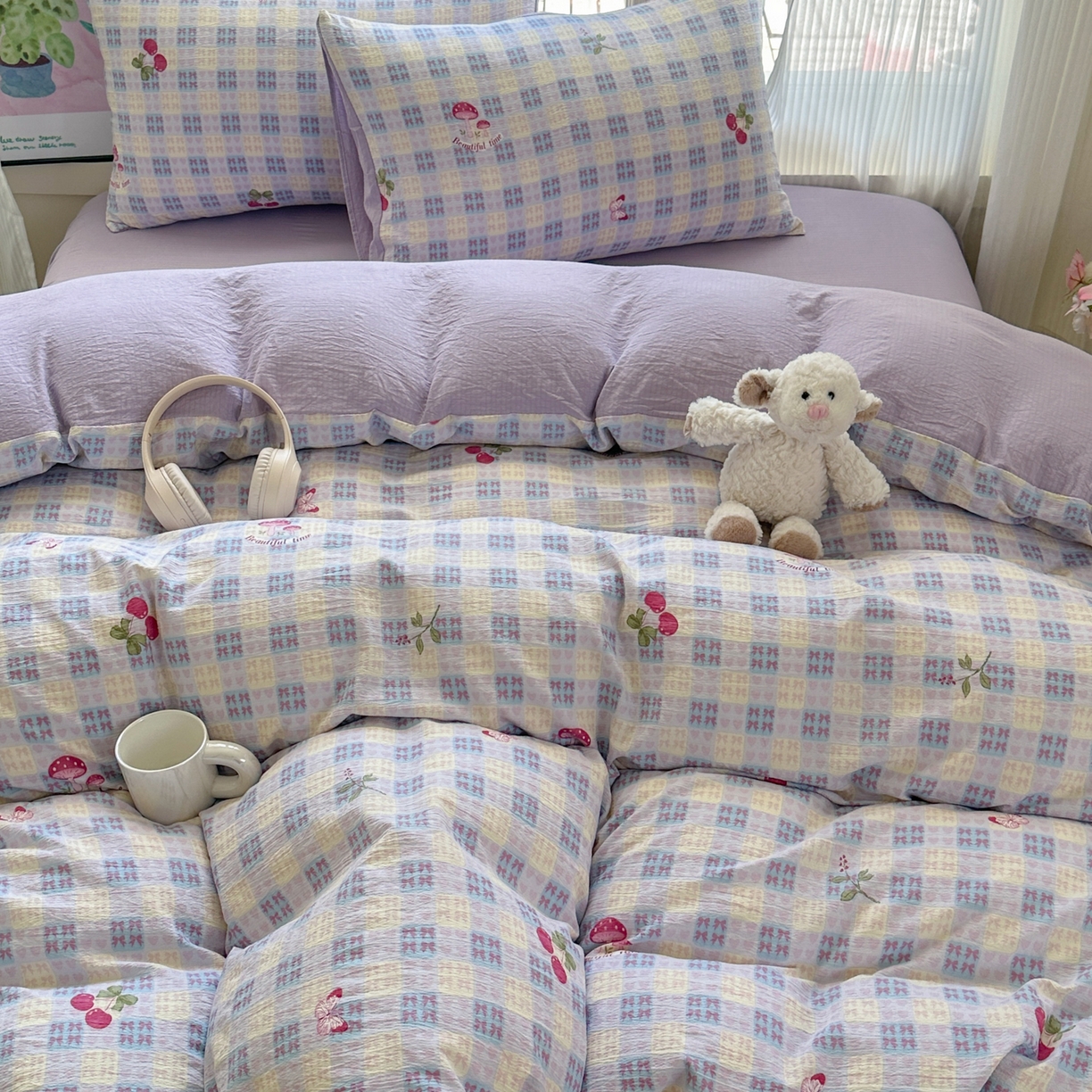 91家纺网 家纺一手货源 找家纺 桔禾家纺 2025新款小清新水洗棉有氧双层纱印花云感木棉皱皱纱四件套 樱桃紫