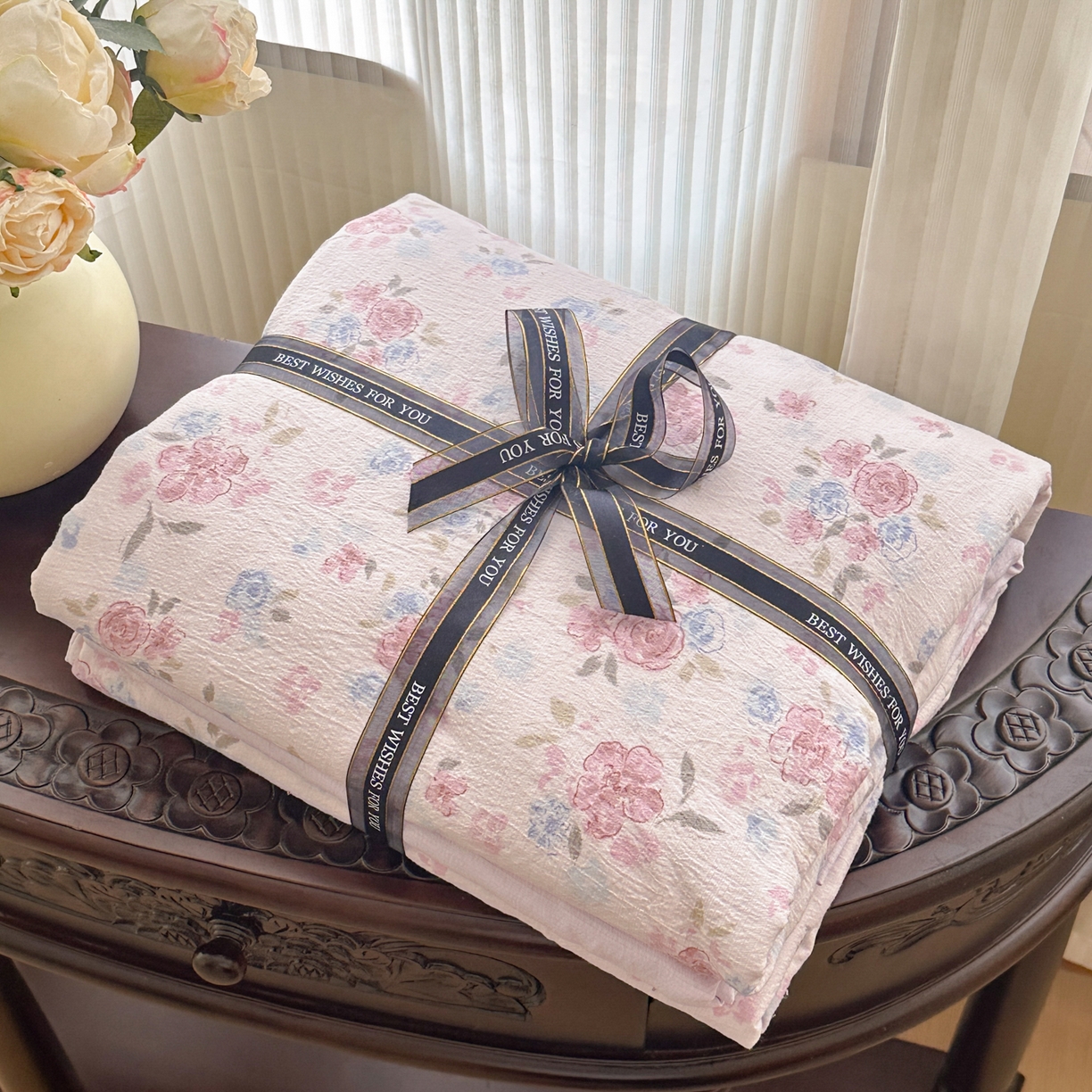 桔禾家纺 2025新款小清新水洗棉有氧双层纱印花云感木棉皱皱纱四件套 芳华