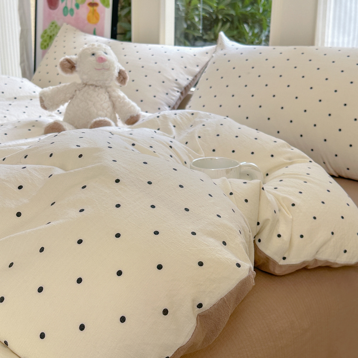 91家纺网 家纺一手货源 找家纺 桔禾家纺 2025新款小清新水洗棉有氧双层纱印花云感木棉皱皱纱四件套 小确幸