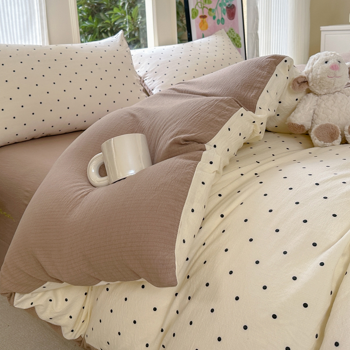 91家纺网 家纺一手货源 找家纺 桔禾家纺 2025新款小清新水洗棉有氧双层纱印花云感木棉皱皱纱四件套 小确幸