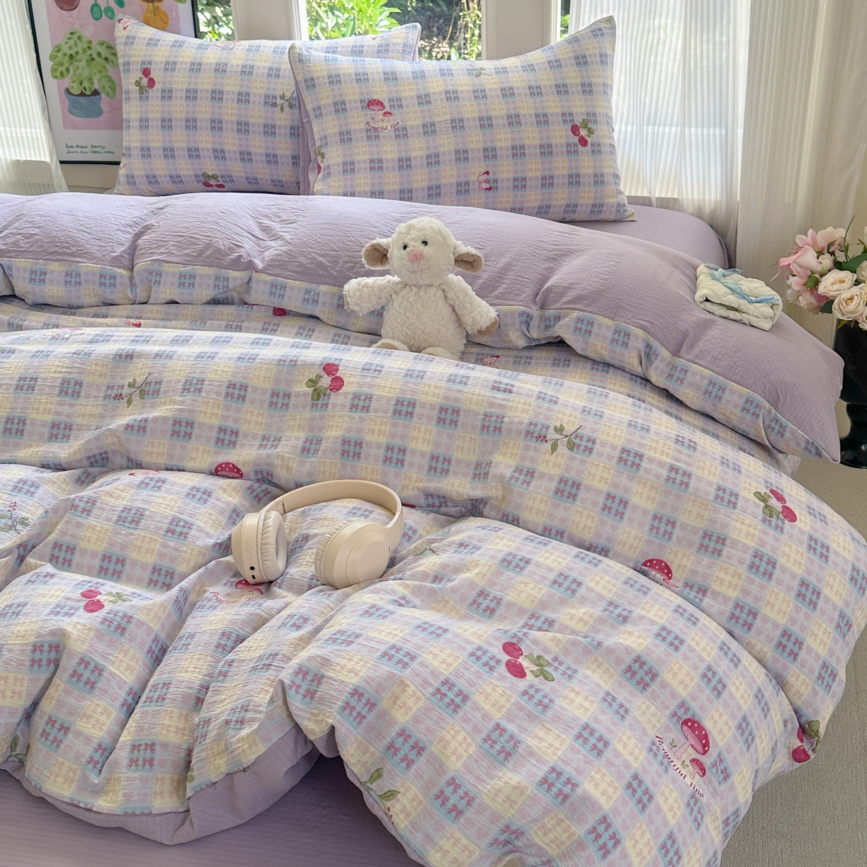 91家纺网 家纺一手货源 找家纺 桔禾家纺 2025新款小清新水洗棉有氧双层纱印花云感木棉皱皱纱四件套 樱桃紫