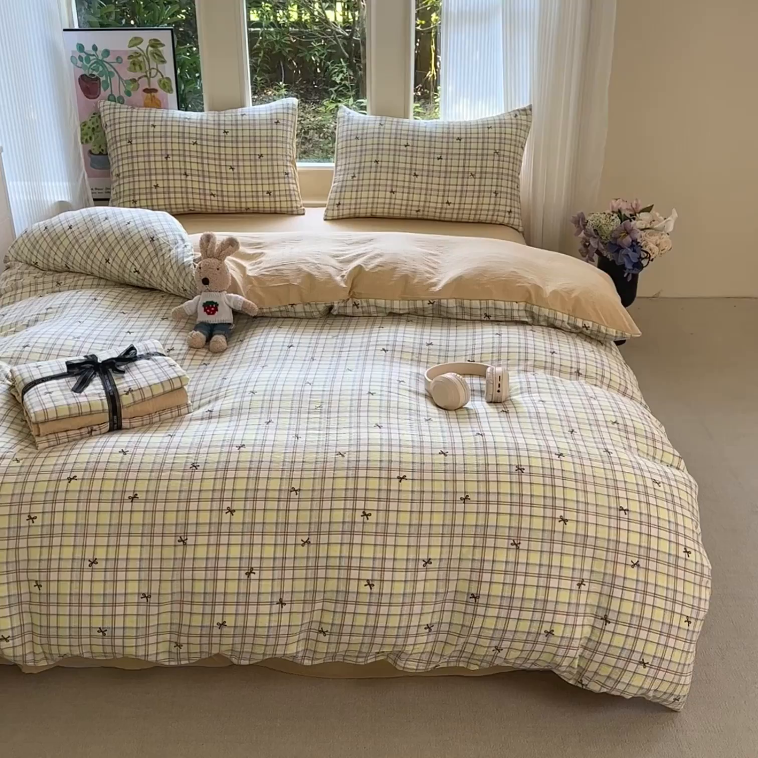 91家纺网 家纺一手货源 找家纺 桔禾家纺 2025新款小清新水洗棉有氧双层纱印花云感木棉皱皱纱四件套 千千结