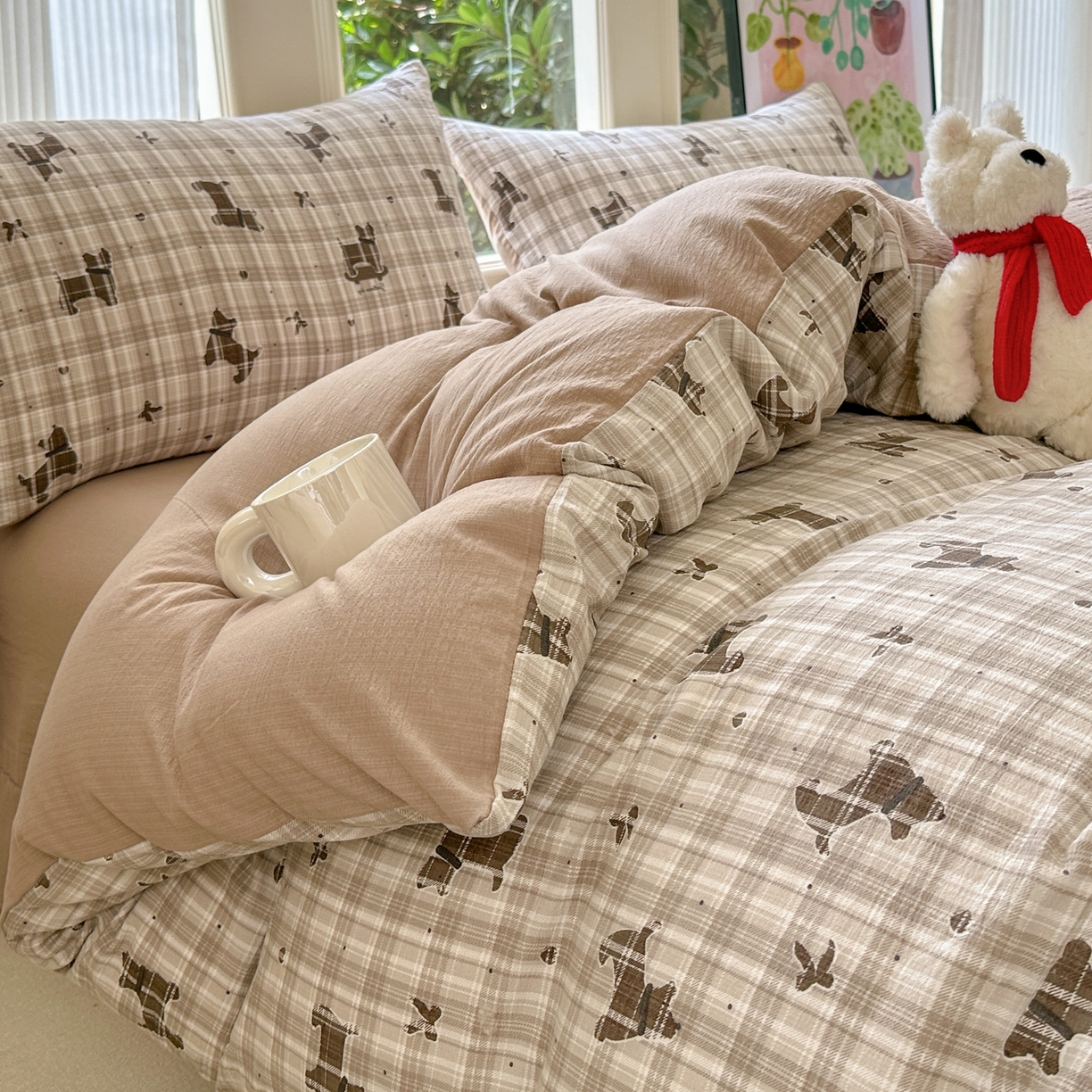 91家纺网 家纺一手货源 找家纺 桔禾家纺 2025新款小清新水洗棉有氧双层纱印花云感木棉皱皱纱四件套 巧克力饼干