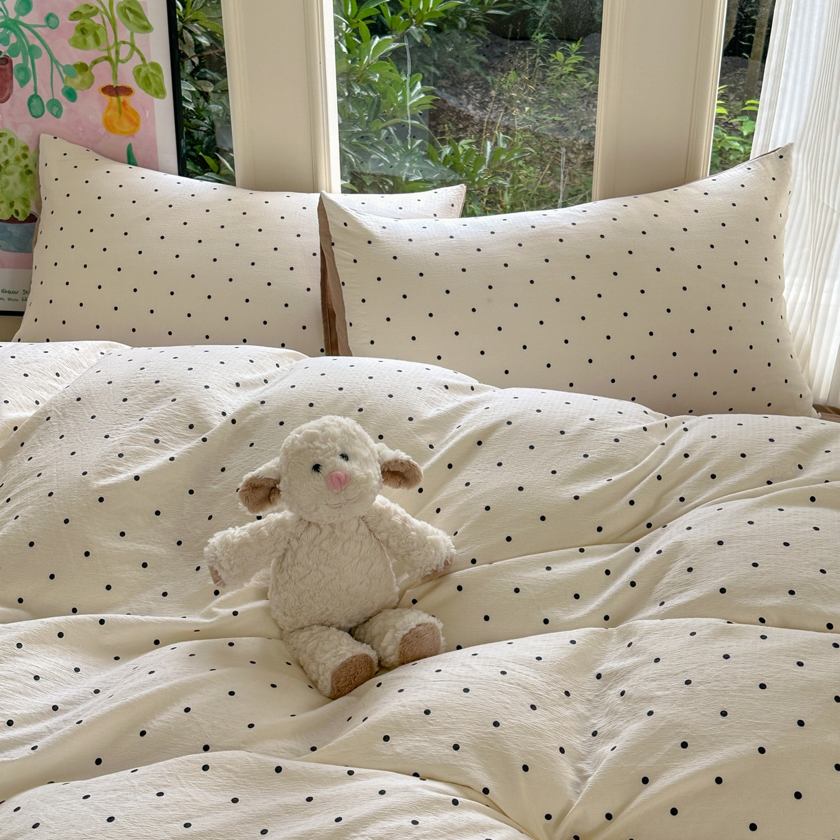 91家纺网 家纺一手货源 找家纺 桔禾家纺 2025新款小清新水洗棉有氧双层纱印花云感木棉皱皱纱四件套 小确幸