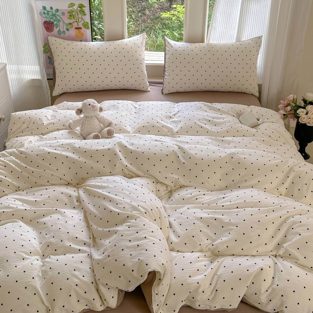 91家纺网 家纺一手货源 找家纺 桔禾家纺 2025新款小清新水洗棉有氧双层纱印花云感木棉皱皱纱四件套 小确幸