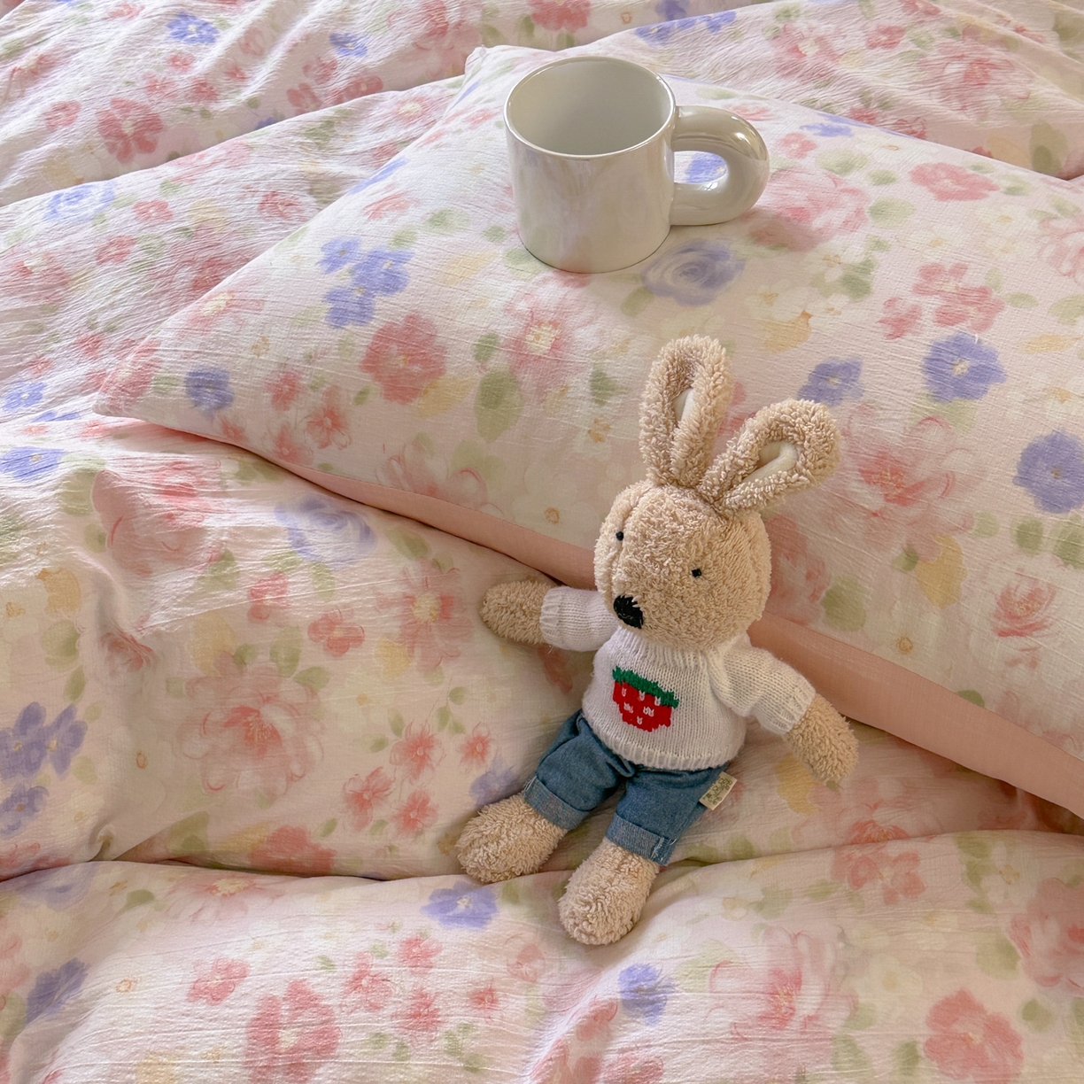 91家纺网 家纺一手货源 找家纺 桔禾家纺 2025新款小清新水洗棉有氧双层纱印花云感木棉皱皱纱四件套 春晓