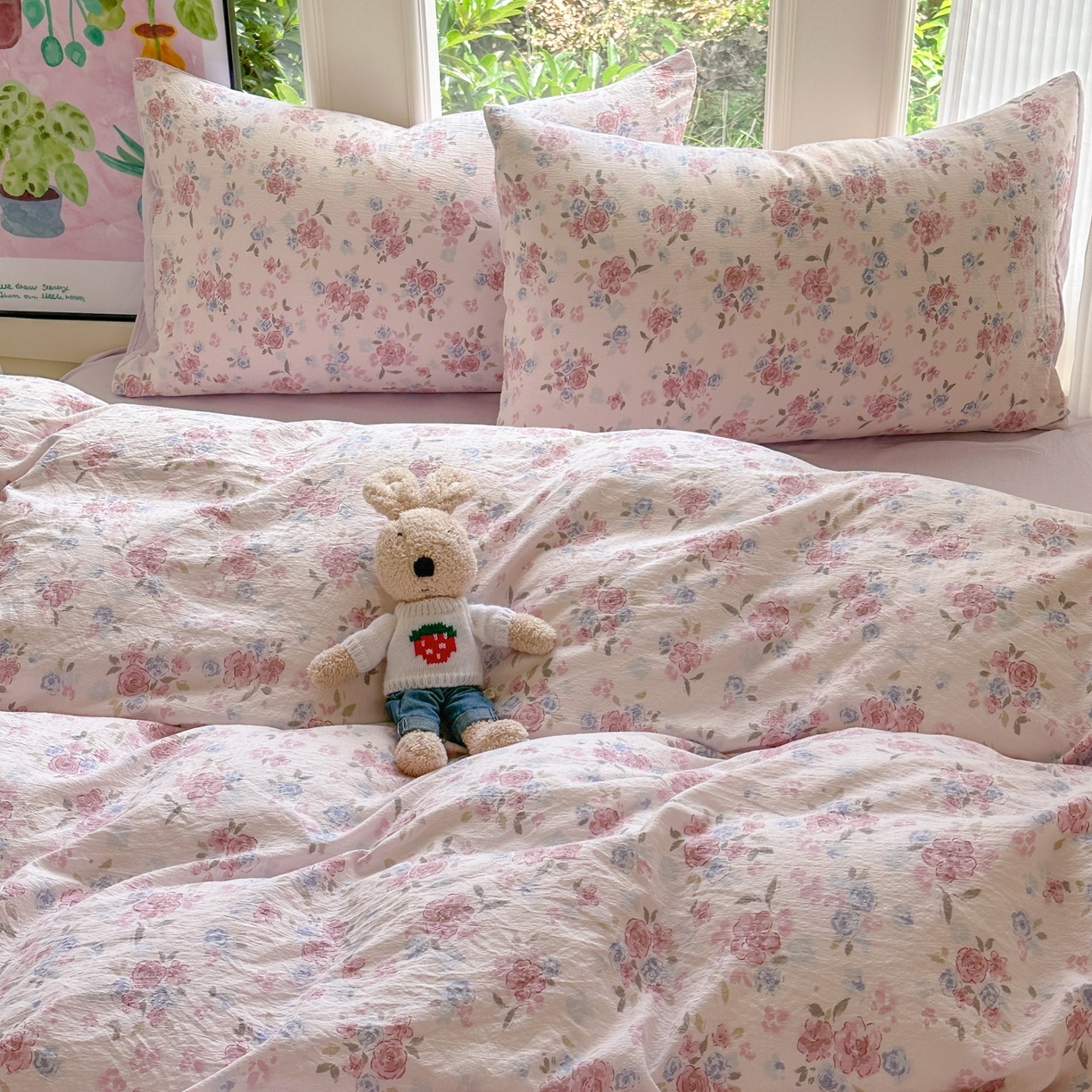 91家纺网 家纺一手货源 找家纺 桔禾家纺 2025新款小清新水洗棉有氧双层纱印花云感木棉皱皱纱四件套 芳华