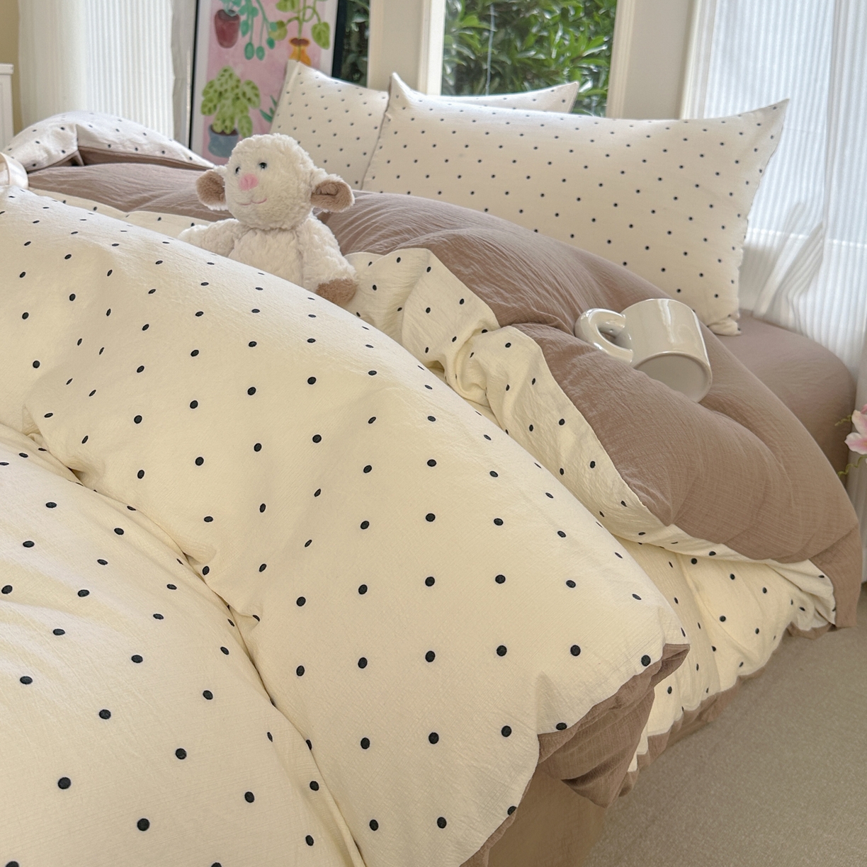 91家纺网 家纺一手货源 找家纺 桔禾家纺 2025新款小清新水洗棉有氧双层纱印花云感木棉皱皱纱四件套 小确幸