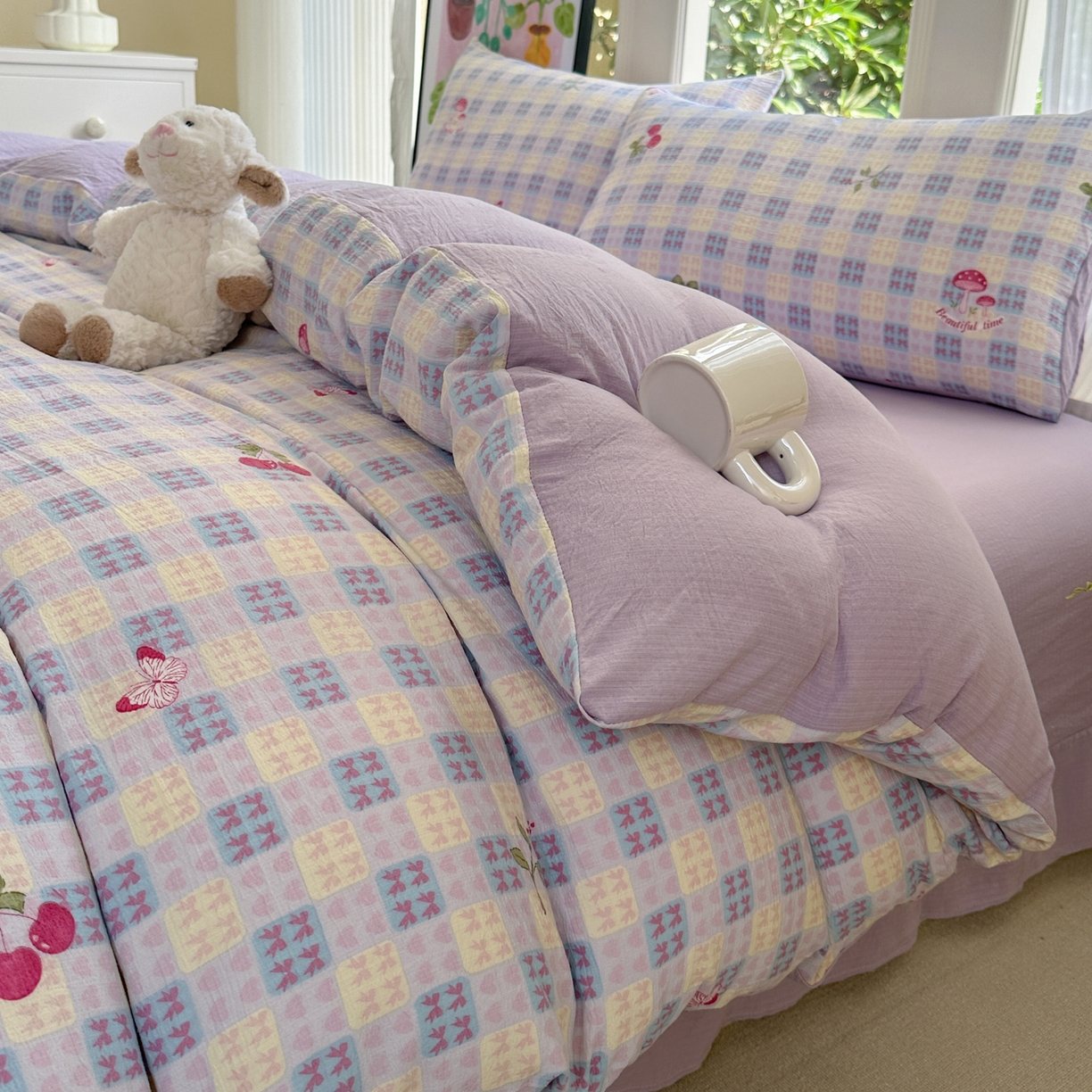 91家纺网 家纺一手货源 找家纺 桔禾家纺 2025新款小清新水洗棉有氧双层纱印花云感木棉皱皱纱四件套 樱桃紫