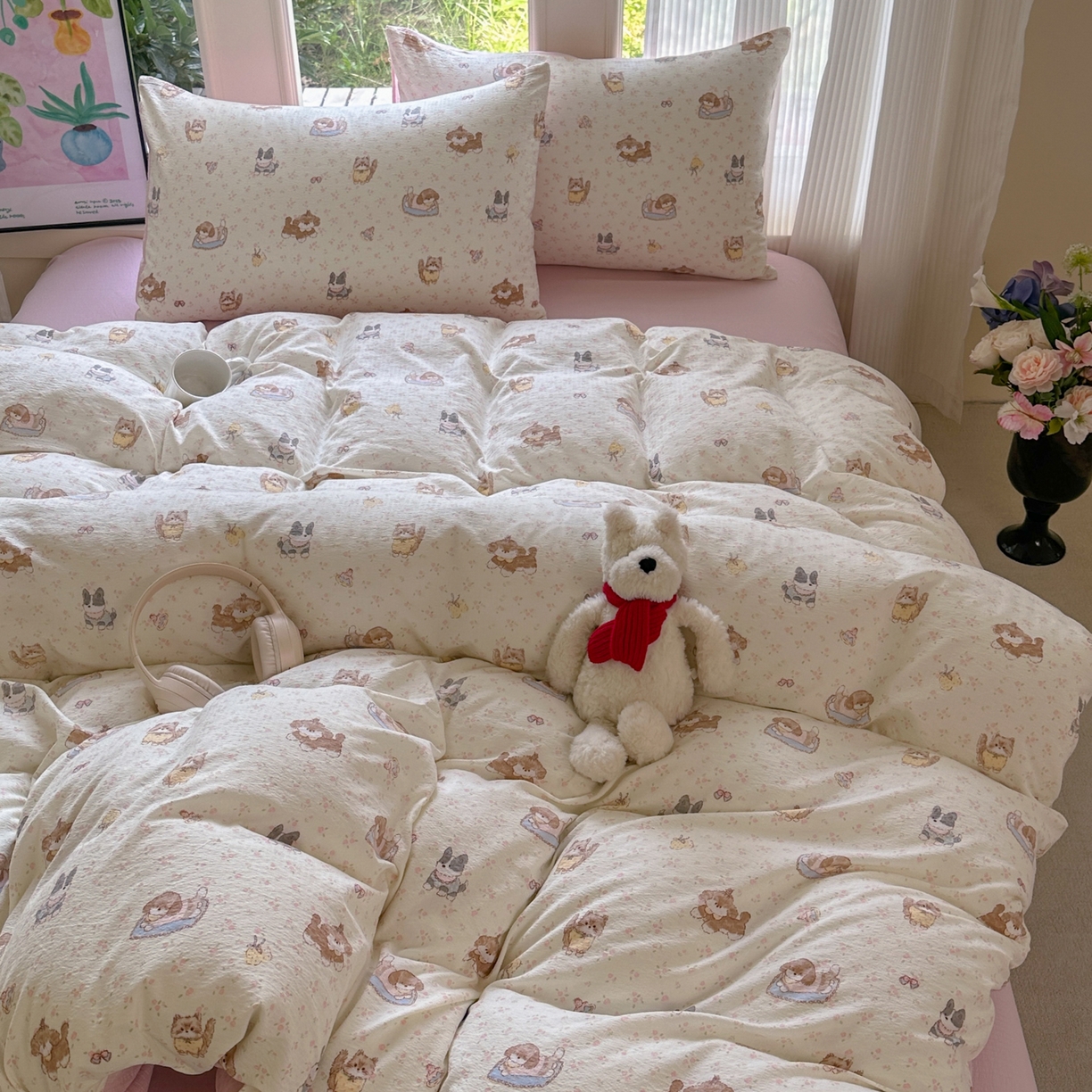 91家纺网 家纺一手货源 找家纺 桔禾家纺 2025新款小清新水洗棉有氧双层纱印花云感木棉皱皱纱四件套 萌宠格子铺