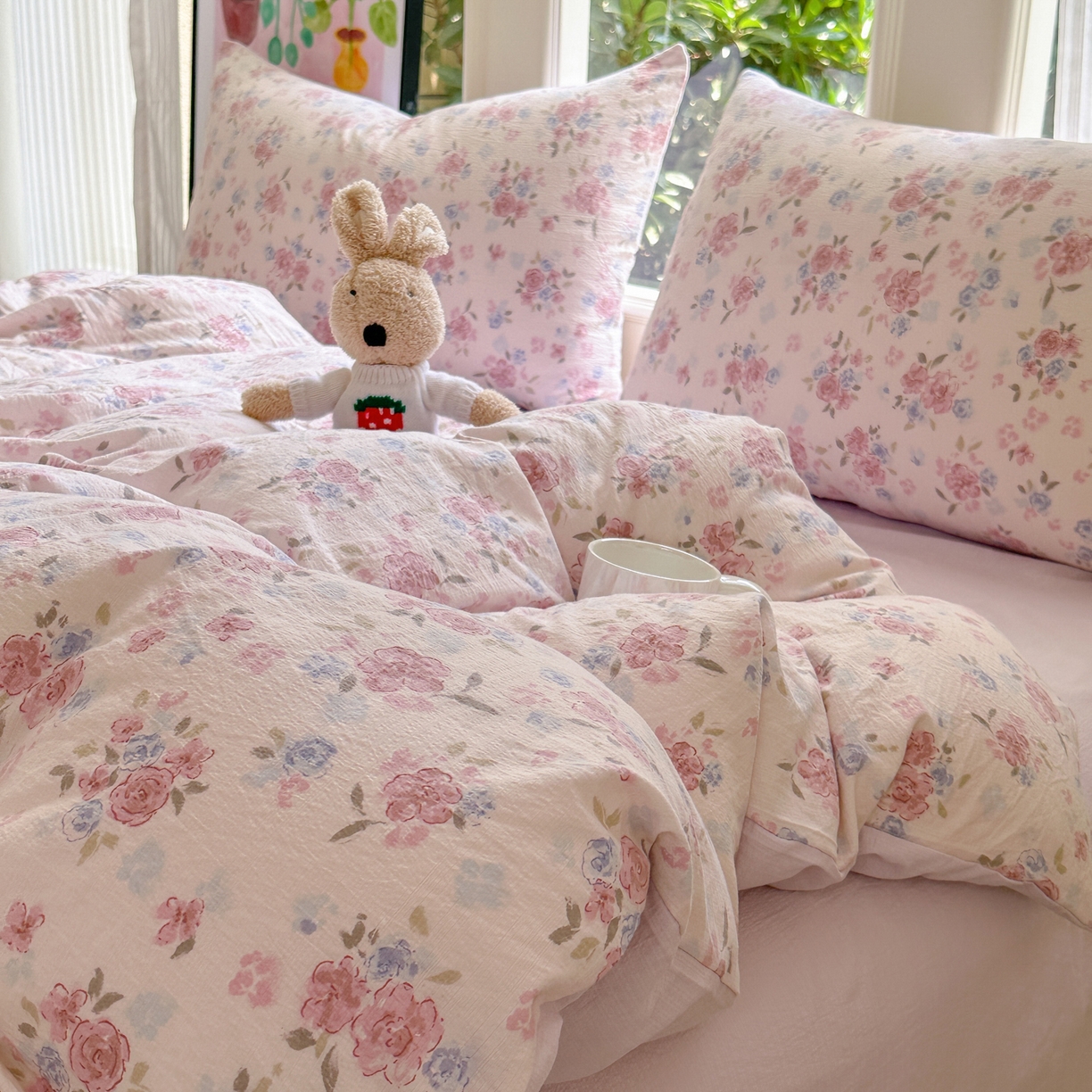 91家纺网 家纺一手货源 找家纺 桔禾家纺 2025新款小清新水洗棉有氧双层纱印花云感木棉皱皱纱四件套 芳华