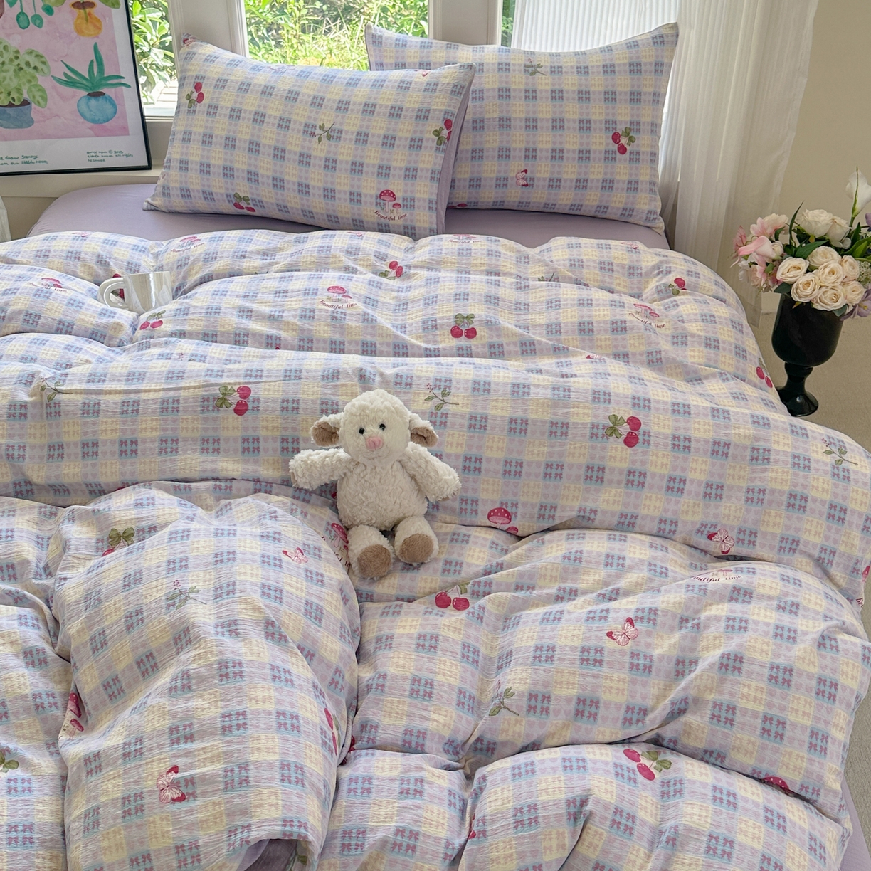 91家纺网 家纺一手货源 找家纺 桔禾家纺 2025新款小清新水洗棉有氧双层纱印花云感木棉皱皱纱四件套 樱桃紫