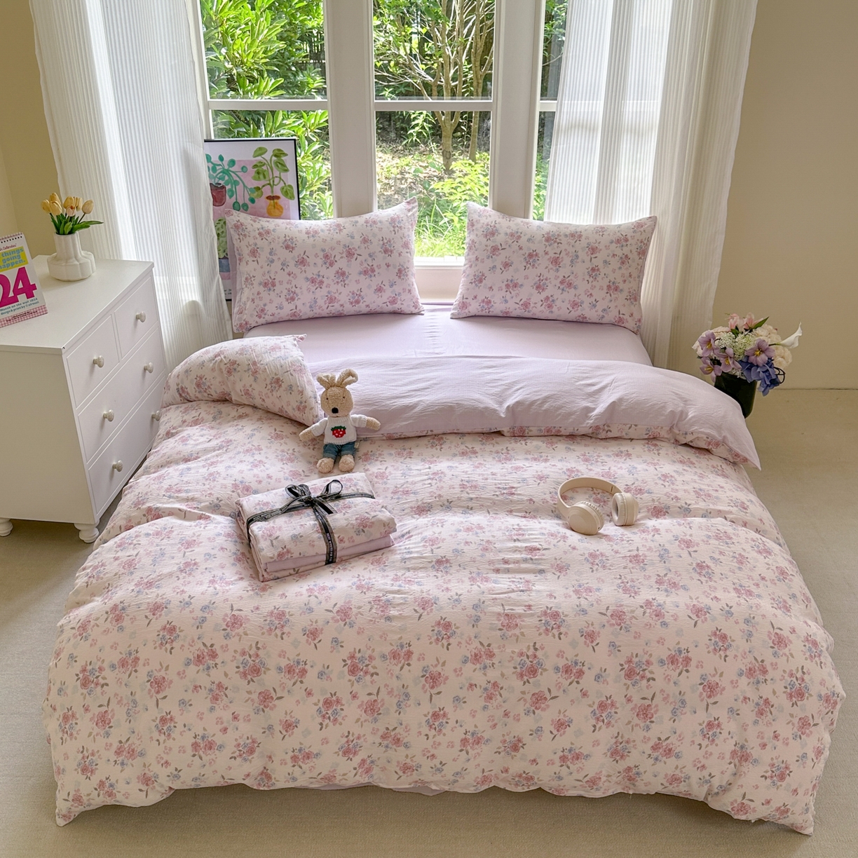 91家纺网 家纺一手货源 找家纺 桔禾家纺 2025新款小清新水洗棉有氧双层纱印花云感木棉皱皱纱四件套 芳华