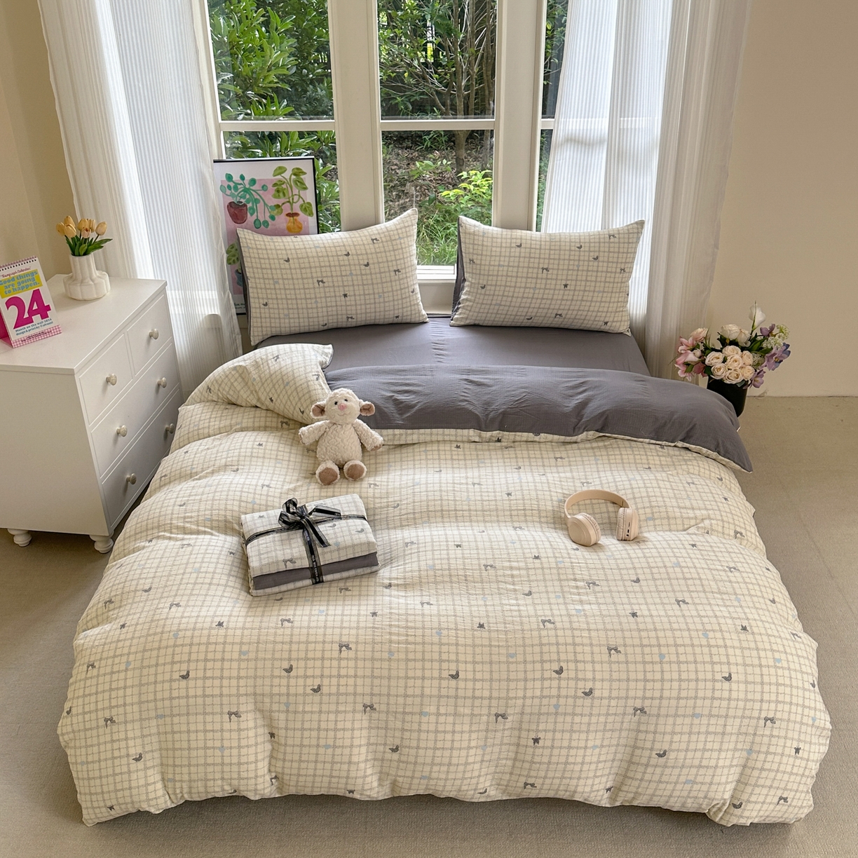 91家纺网 家纺一手货源 找家纺 桔禾家纺 2025新款小清新水洗棉有氧双层纱印花云感木棉皱皱纱四件套 蝶恋