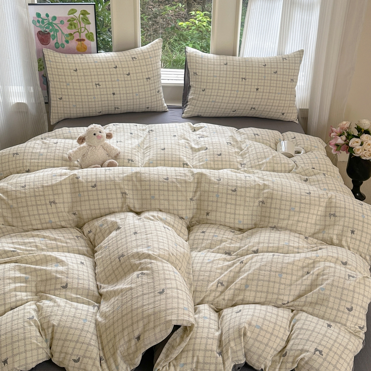 91家纺网 家纺一手货源 找家纺 桔禾家纺 2025新款小清新水洗棉有氧双层纱印花云感木棉皱皱纱四件套 蝶恋