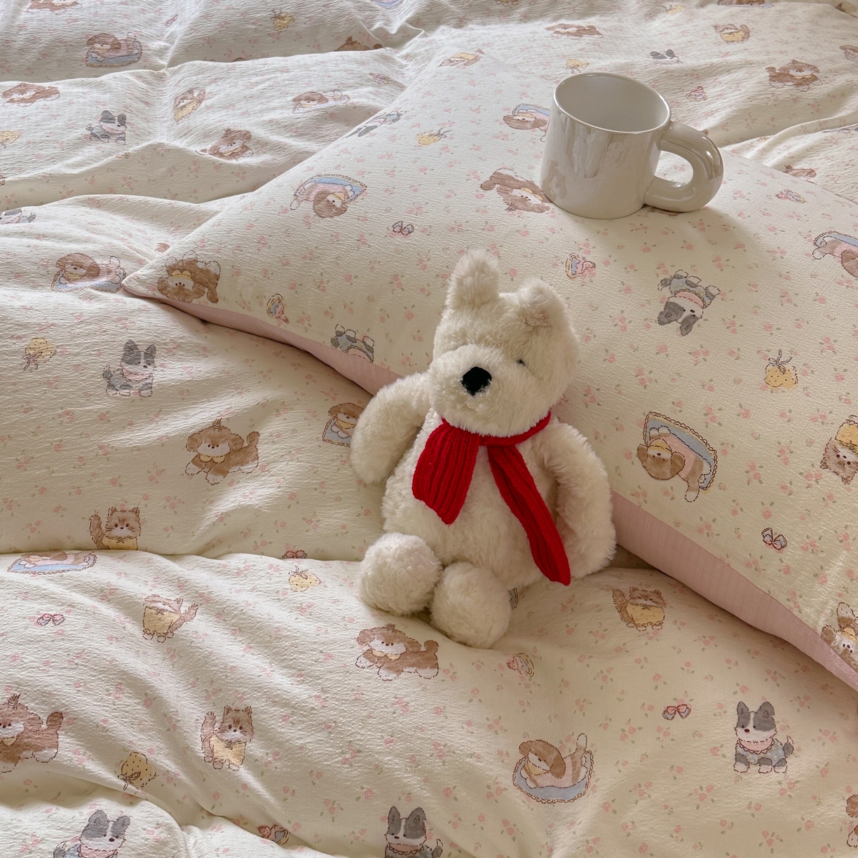 91家纺网 家纺一手货源 找家纺 桔禾家纺 2025新款小清新水洗棉有氧双层纱印花云感木棉皱皱纱四件套 萌宠格子铺